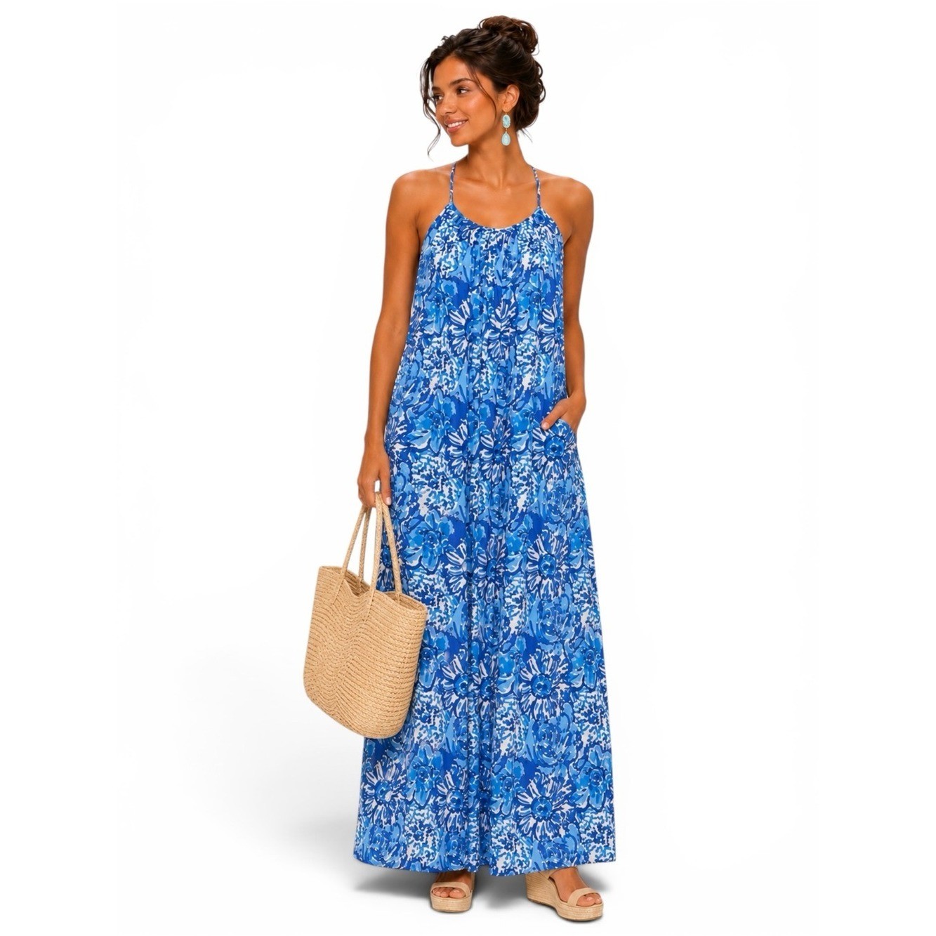 NWT Fitzroy & Willa Christina Blue Floral Halter Maxi Dress L Resort Boho