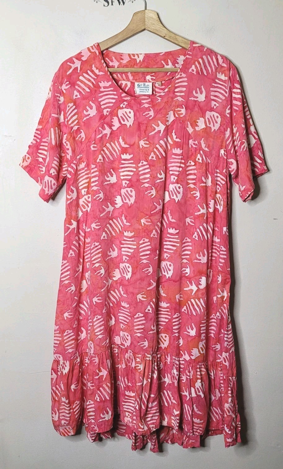 Go Fish Batik Rayon Fishbone Print Short Sleeve Summer Beachy Dress Size Large