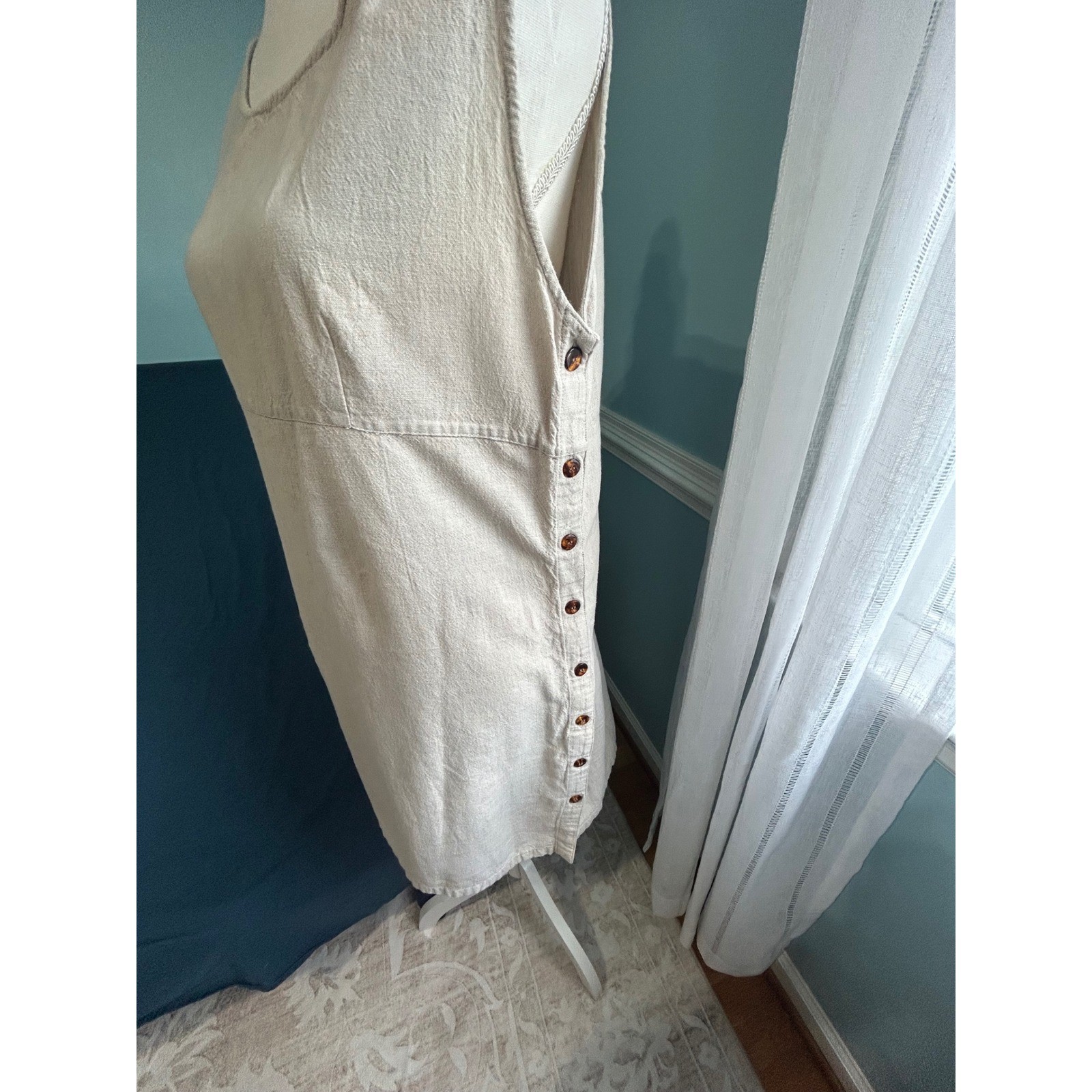 Styleworks Womens Beige Cotton Sleeveless Side Button Shift Dress J 5980 Large
