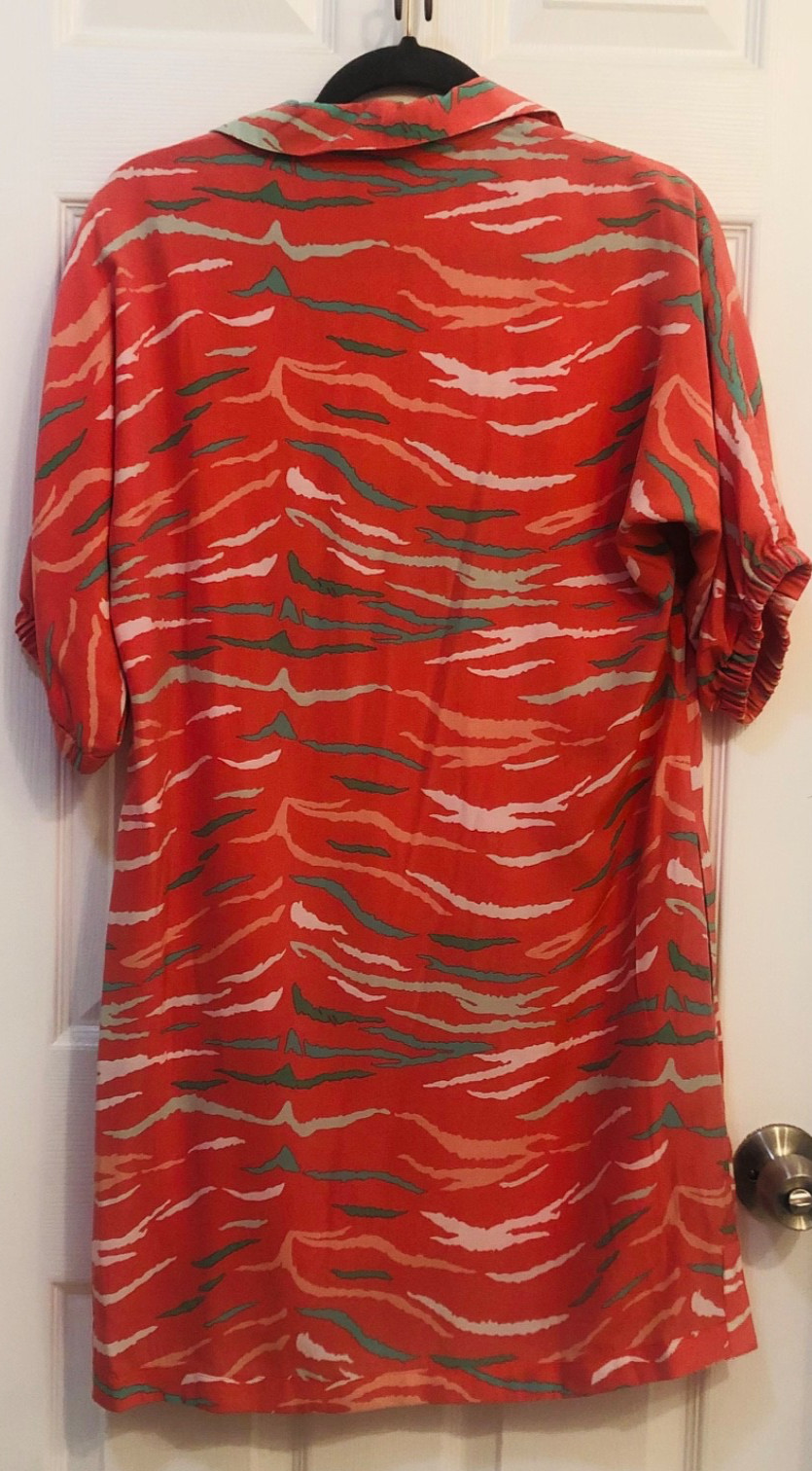 Emily McCarthy Tiger Print Poppy Dress Coral Pink Puff Sleeve Resort Mini Dress