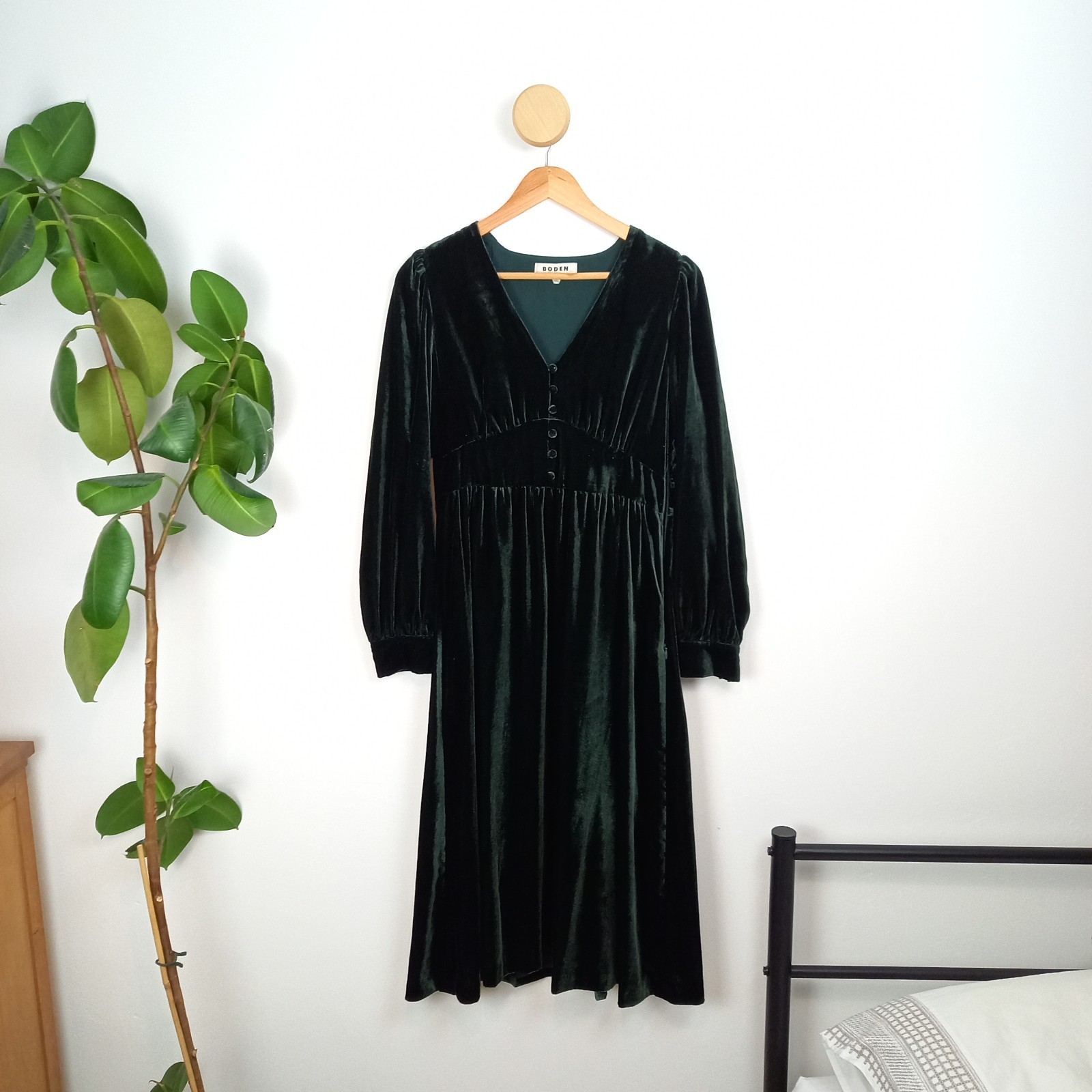 BODEN Elise Emerald Green Velvet Midi Dress Size UK 10