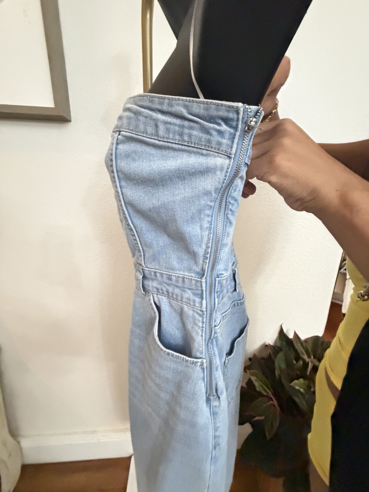 Women’s Light Blue Solid Denim Strapless Sleeveless Sheath Midi Dress Pockets M