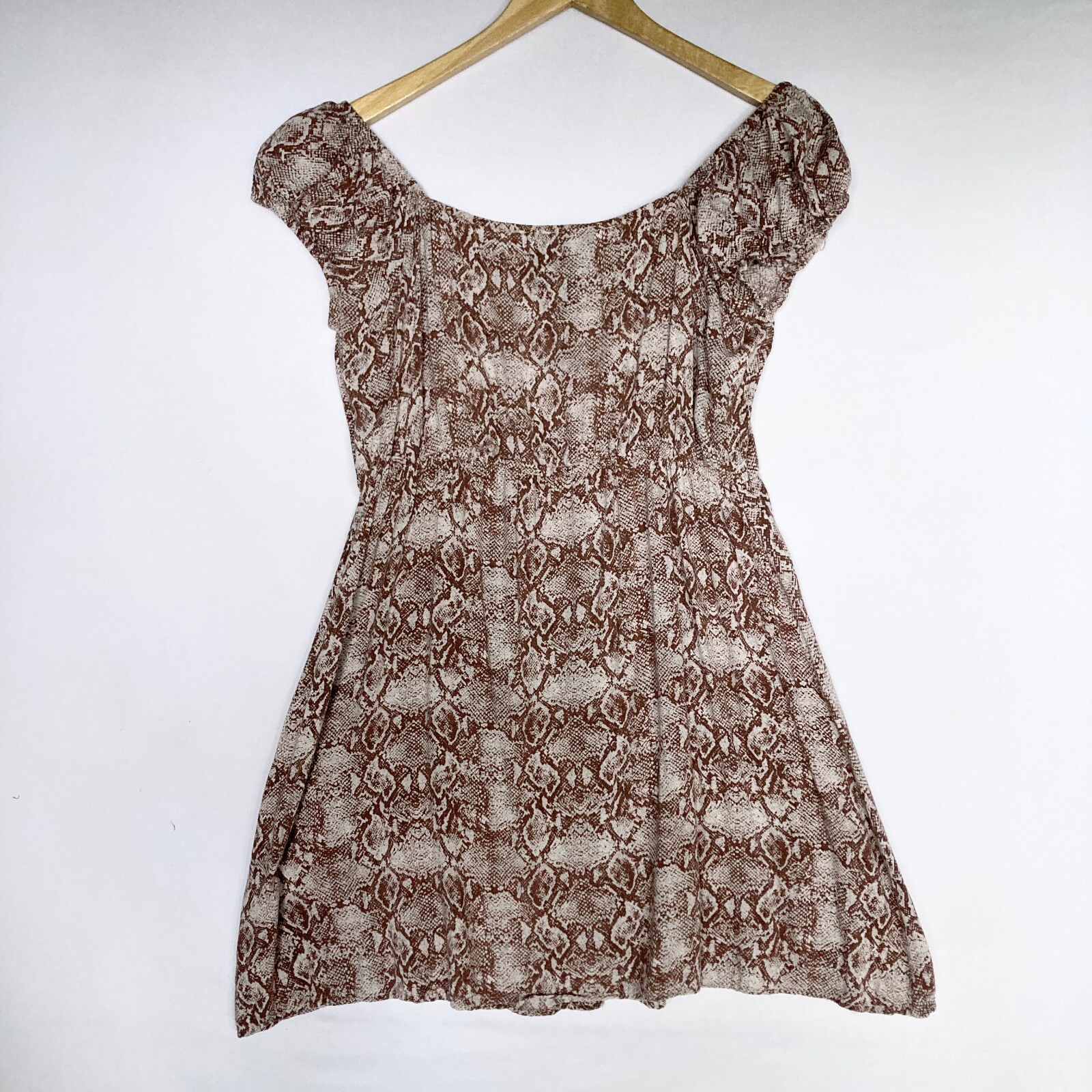 Angie Snake Snakeskin Print Button Front Off Shoulder Mini Dress Womens L Brown