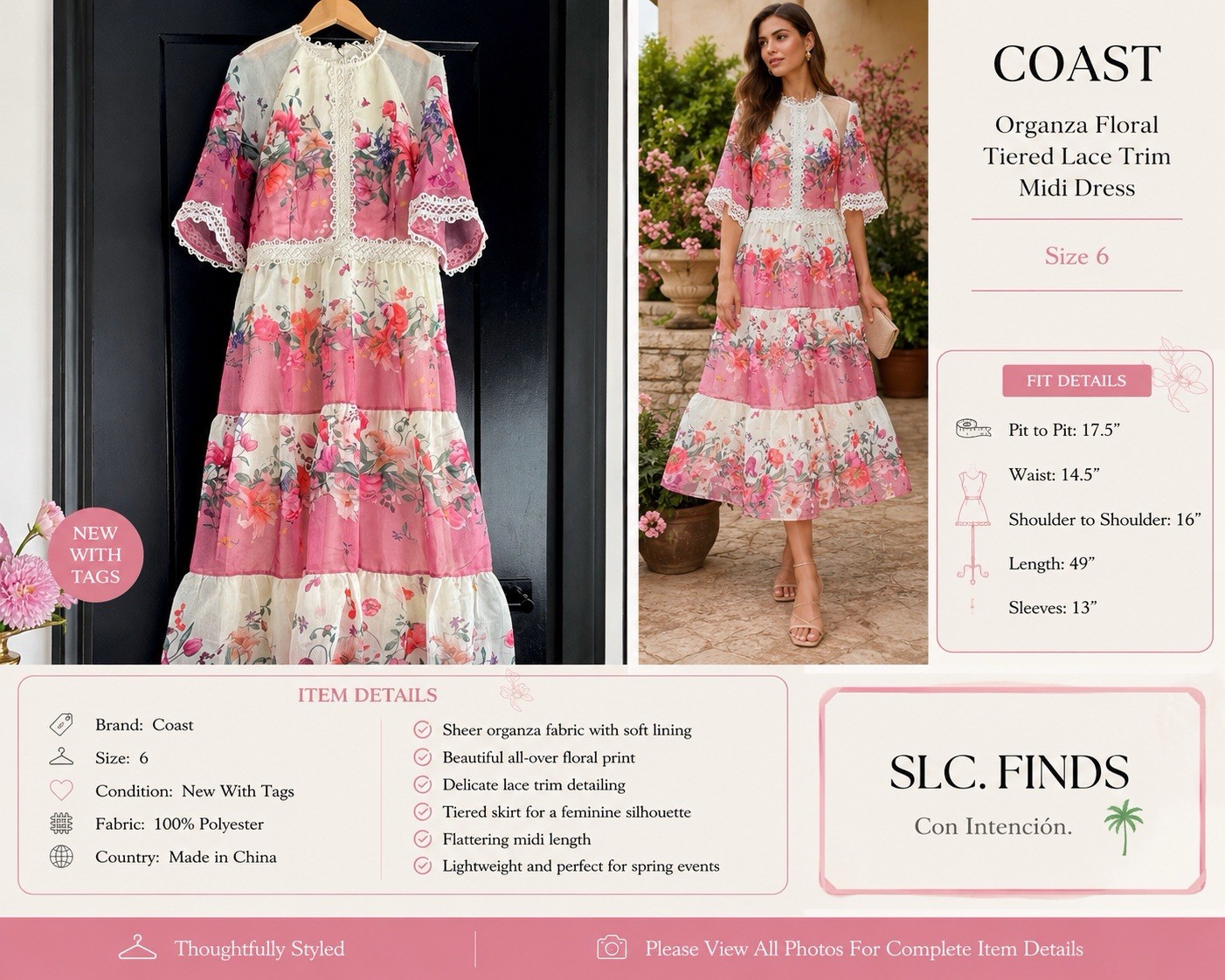 Coast Organza Floral Tiered Lace Trim Midi Dress Size 6 NWT