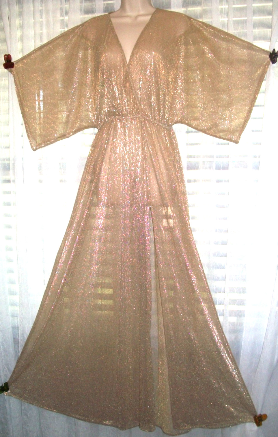 LULUS SZ L LONG SHIMMERY GOLD SEMI SHEER MAXI GLAMOUR EVENT CLUB DRESS~HIGH SLIT