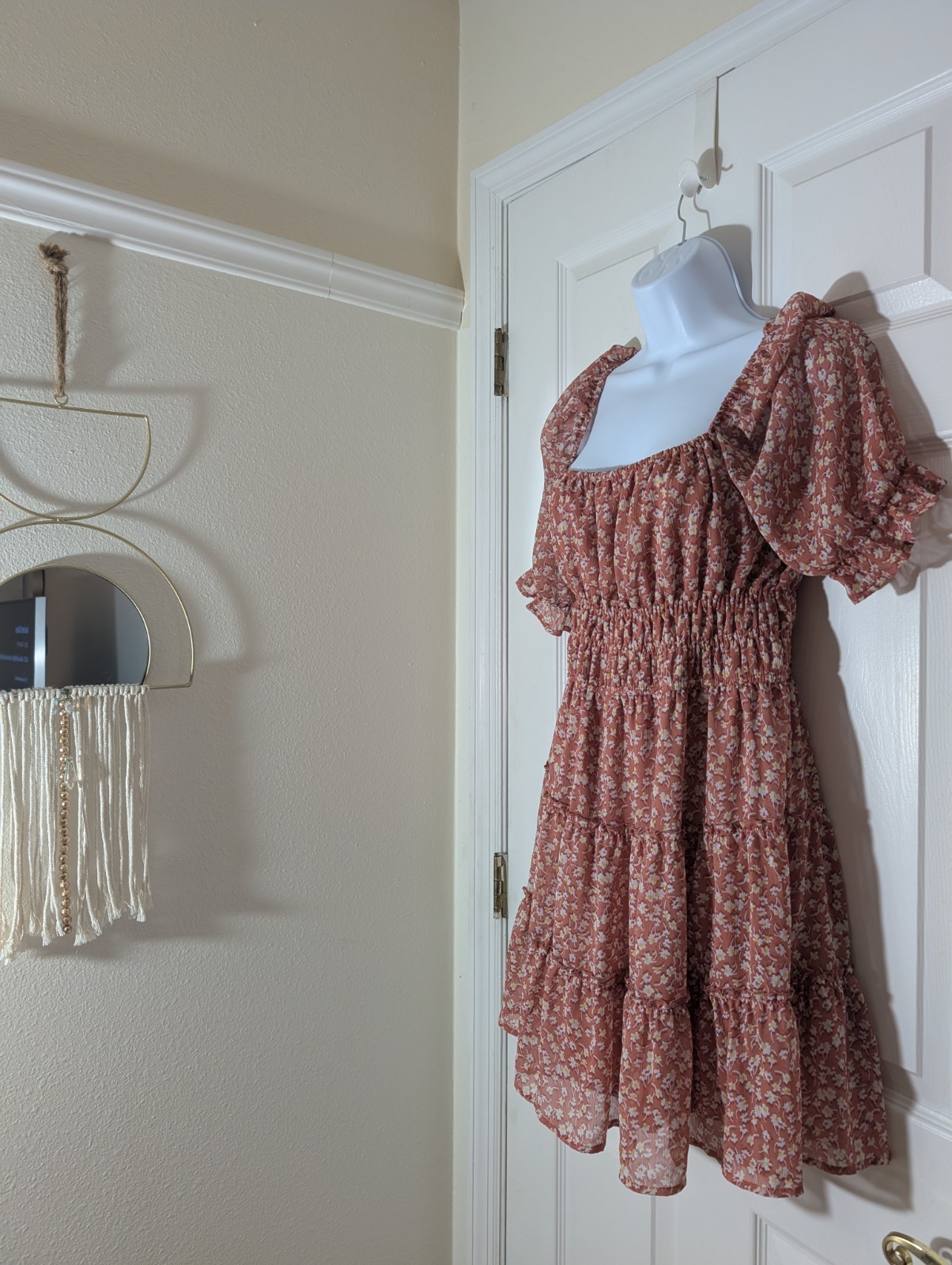 Trixxi Floral Smocked Puff Sleeve Square Neck Mini Dress Pink/Peach Size Large