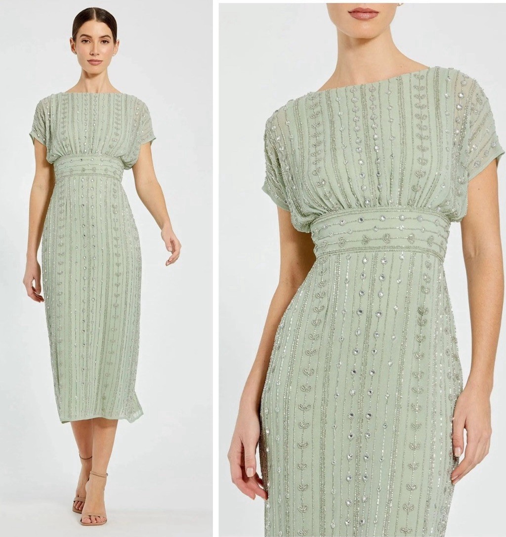 Mac Duggal 93649 Beaded Size 10 Midi Dress Green Empire Waist Cap Sleeves NWT