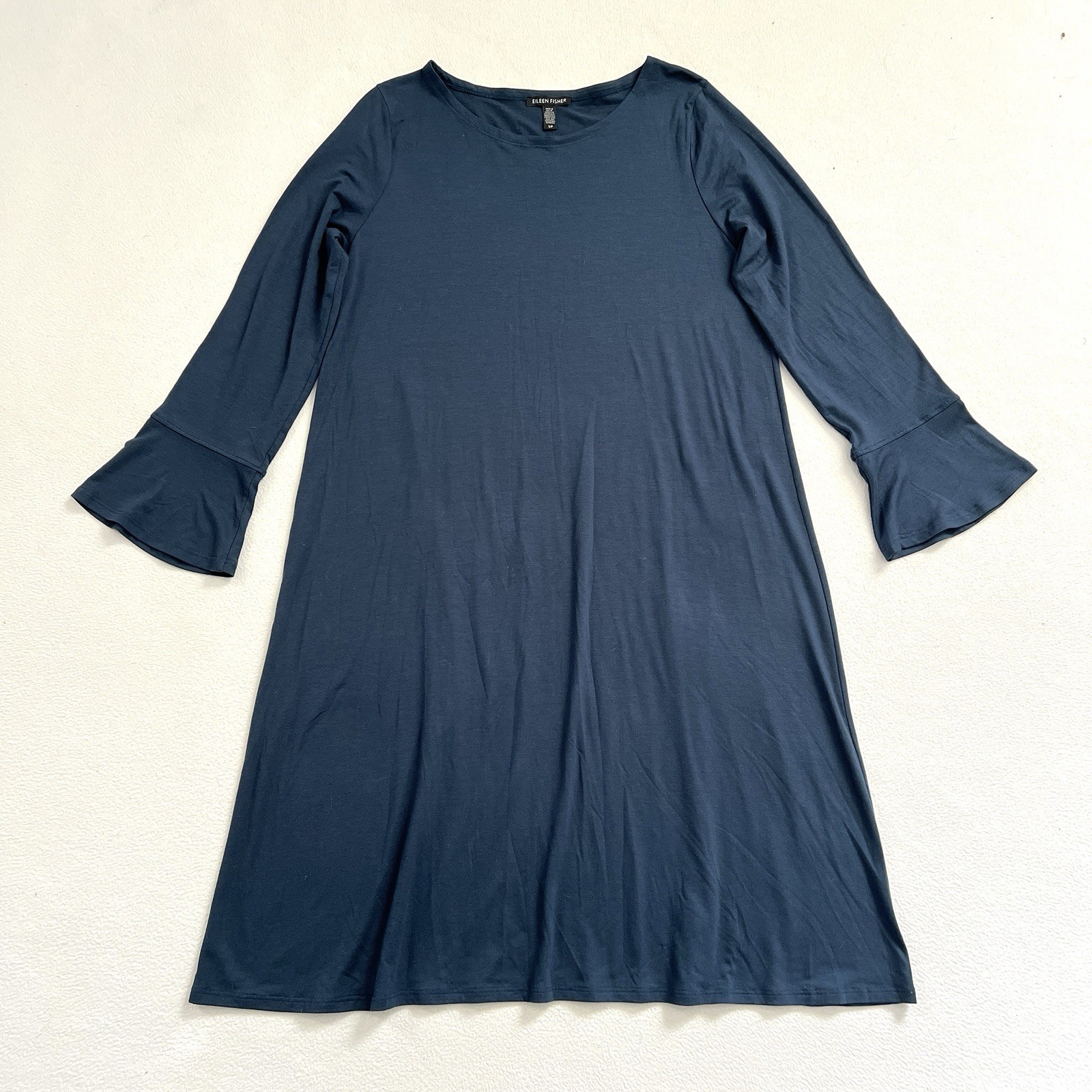 Eileen Fisher Women Storm Blue Bracelet Bell Sleeve Tencel Jersey Shift Dress S
