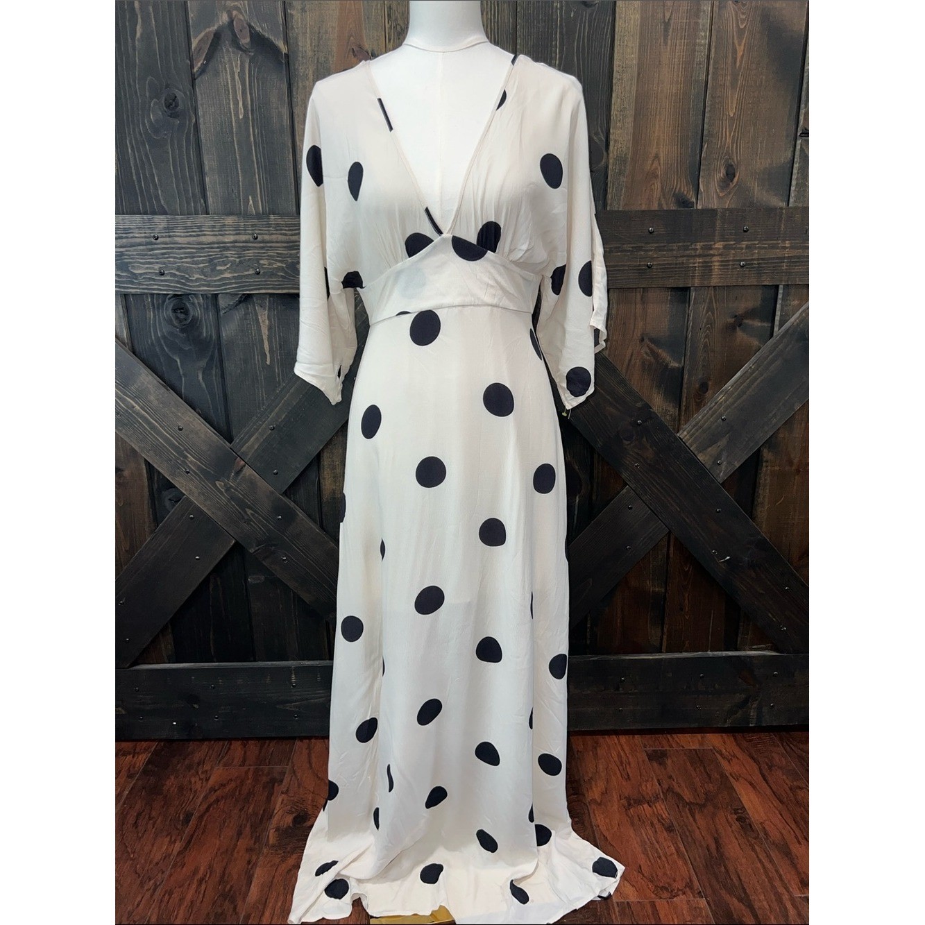 NWT Cream & Black Polka Dot Kimono Maxi Dress S Lined V-Neck Retro Boho Cottage