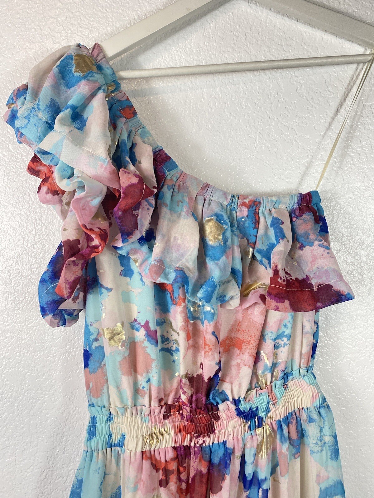 Buddy Love Sofia One Shoulder Water Colo Mini Dress Size Small Ruffle Smocked