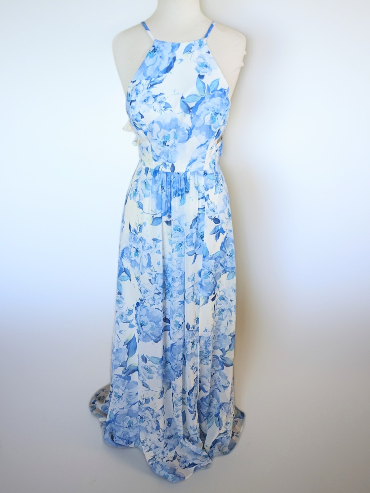 Morgan & Co Blue Floral Halter Maxi Dress Size 5 Chiffon Prom Formal Wedding