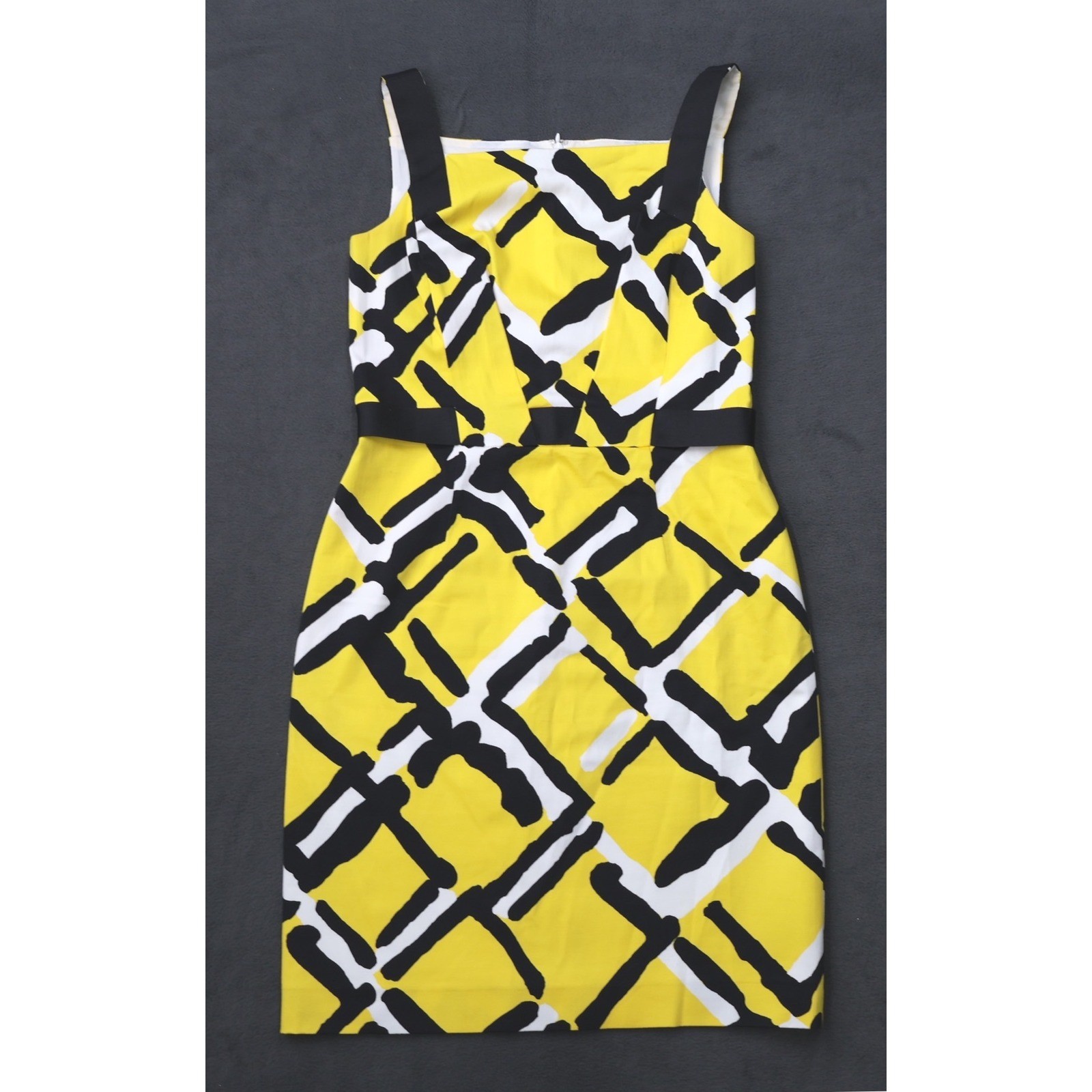 David Meister Sheath Dress Womens 8 Yellow Black Excellent Abstract Mod Graphic