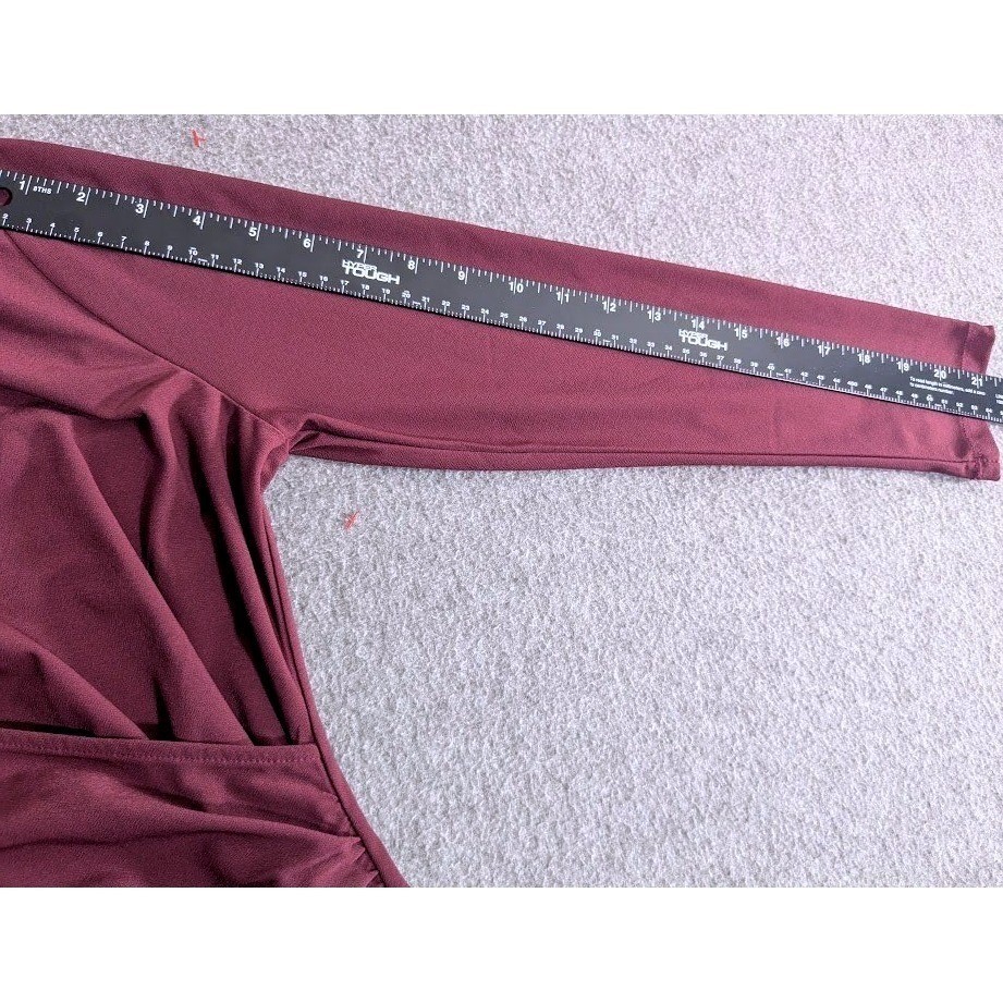 Leith Womens Burgundy Wrap Dress Size L Long Sleeve Ruched V Neck Stretch Midi