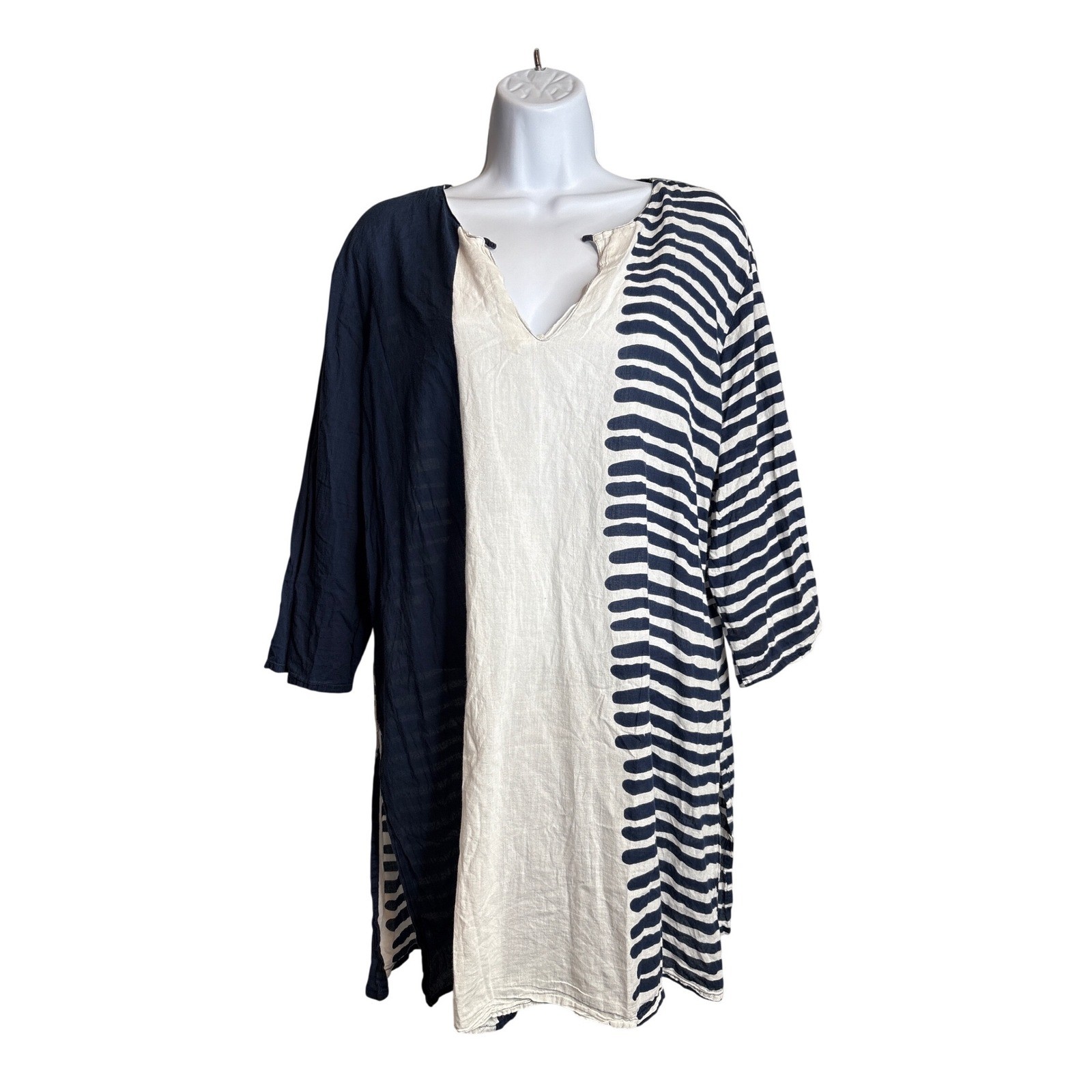 SHIRALEAH CHICAGO Womens Navy Cream Striped V Neck Tunic Dress Coastal Preppy
