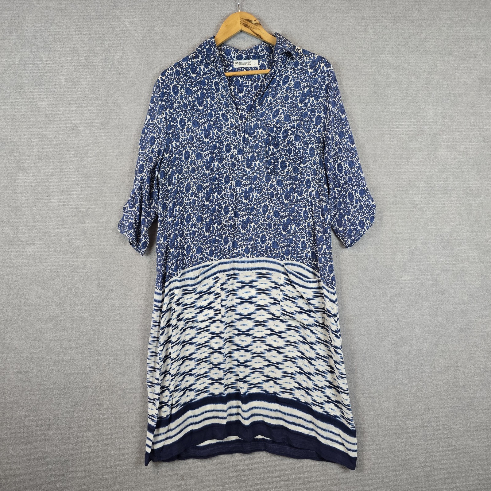One Season Dress Womens Large Blue Floral Relaxed Summer Tunic Holiday