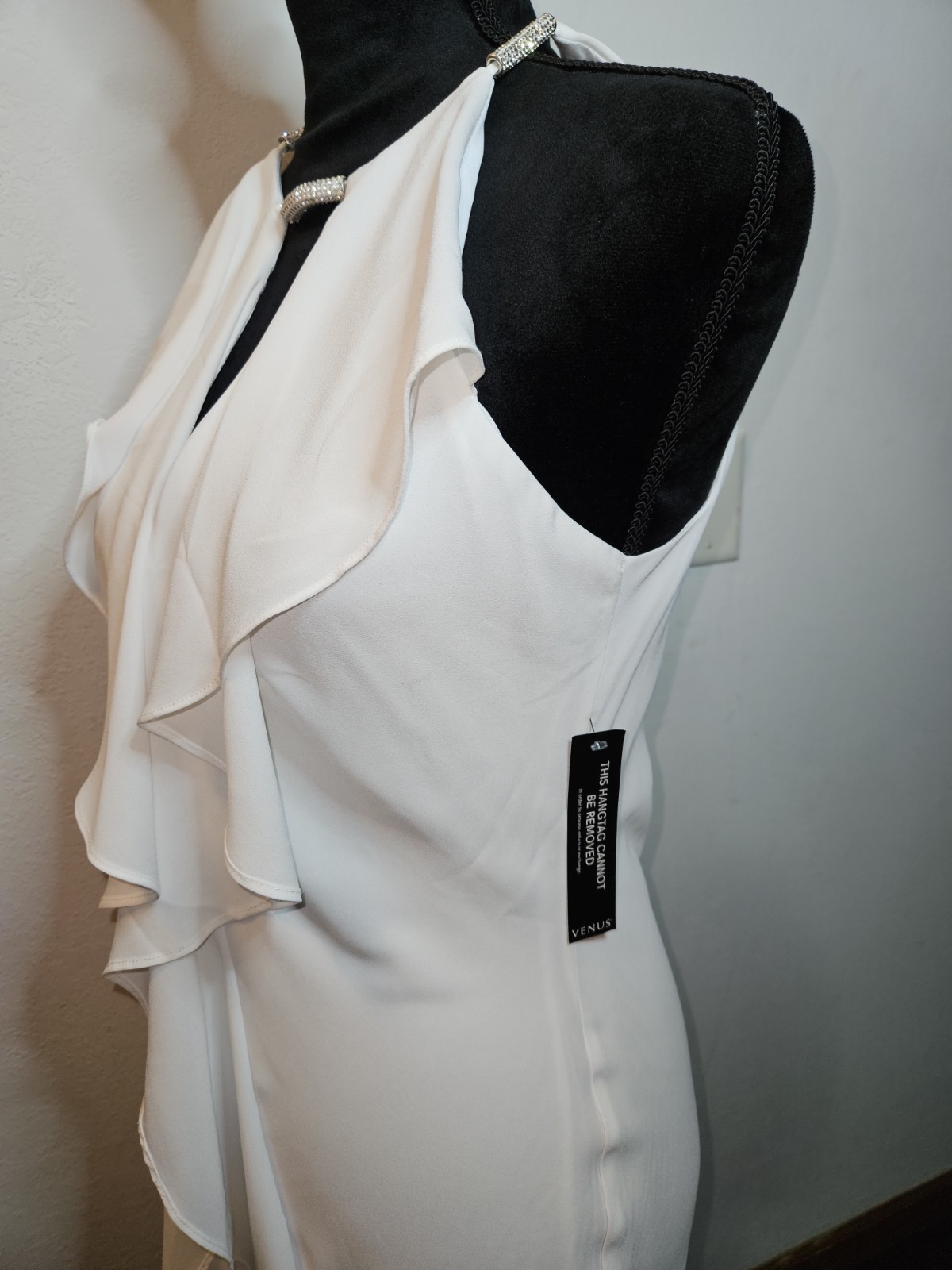 Venus White Ruffle Beaded Keyhole Sheath Dress Chiffon Knee Length Size 8