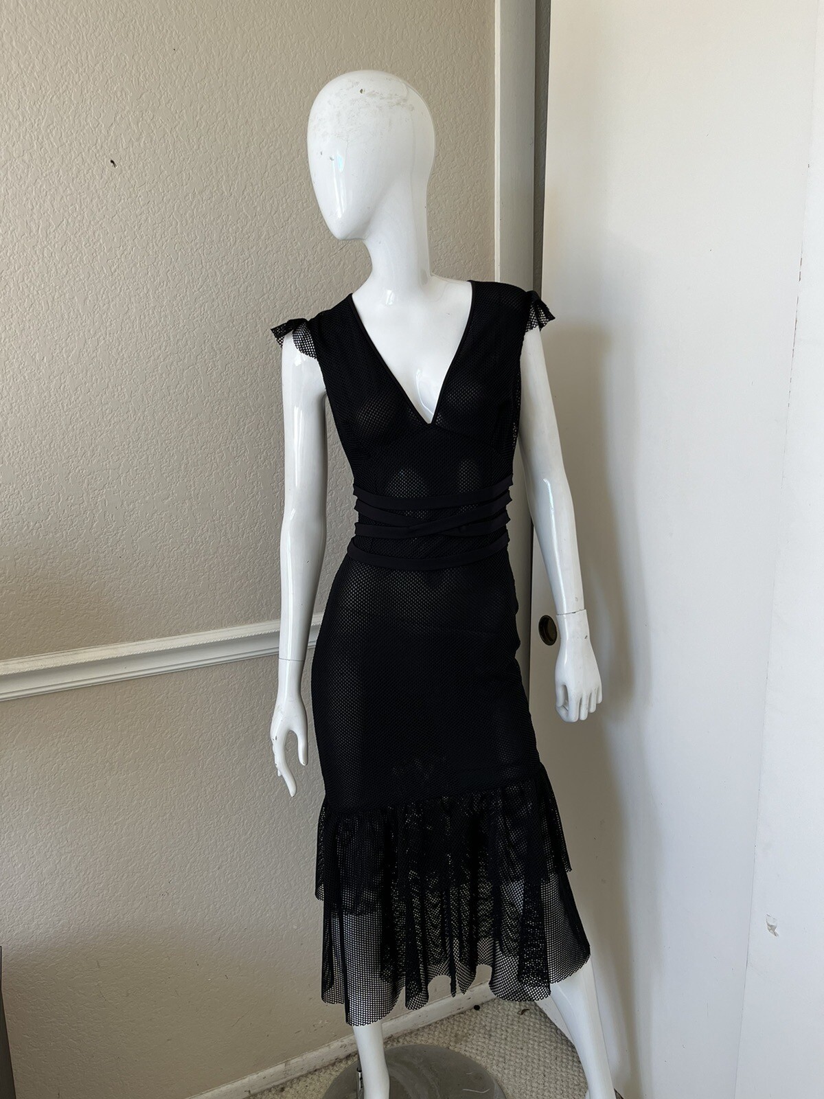 GEORGINE RARE! VTG! Black Mesh Flutter Sleeve Ruffled Hem Midi Sheath Dress Sz 4