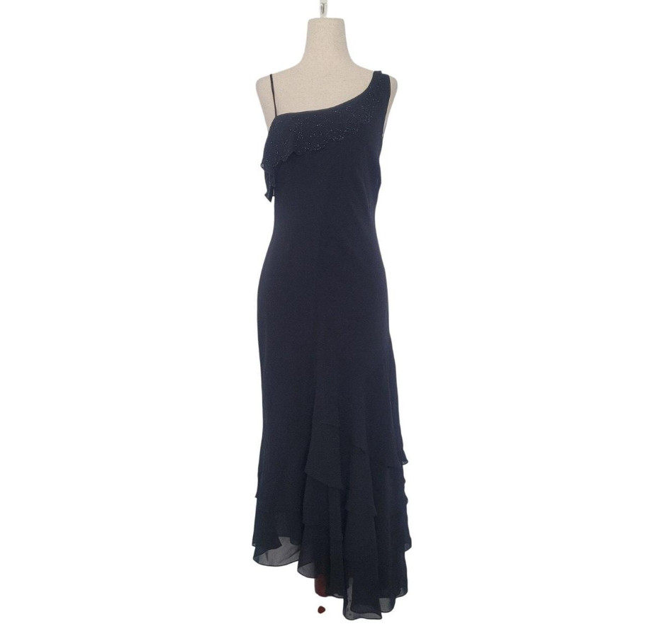 VIntage Y2k Asymmetrical Ruffle Beaded Midi Dress Size L Black Whimsigoth Fairy