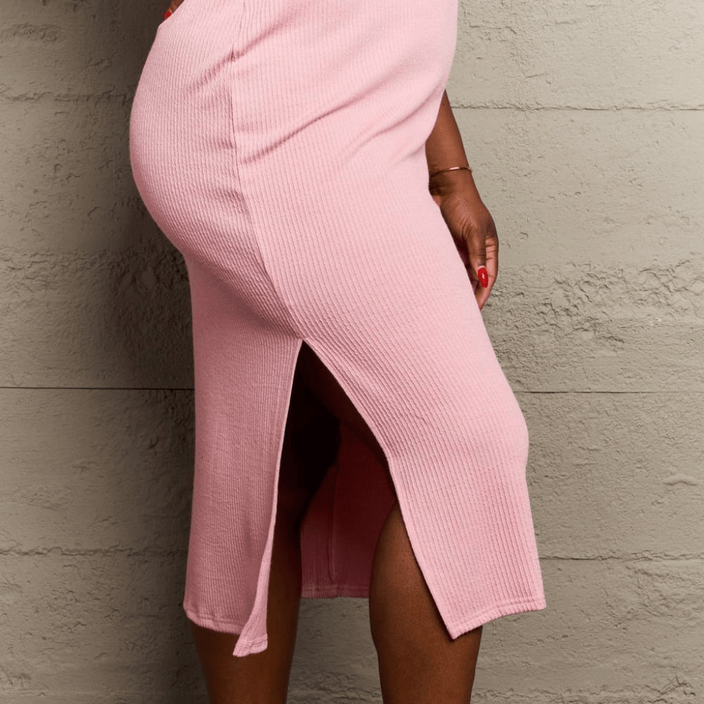 Fitted Sleeveless Side Slit Backless Cut Out Knotted Midi Dress in Pink 1X