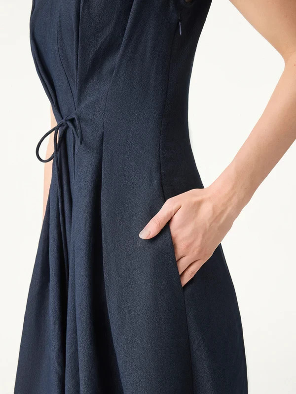 OGLmove Viscose Linen Collared V-neck Midi Dress Drawstring Waist Pockets NWT