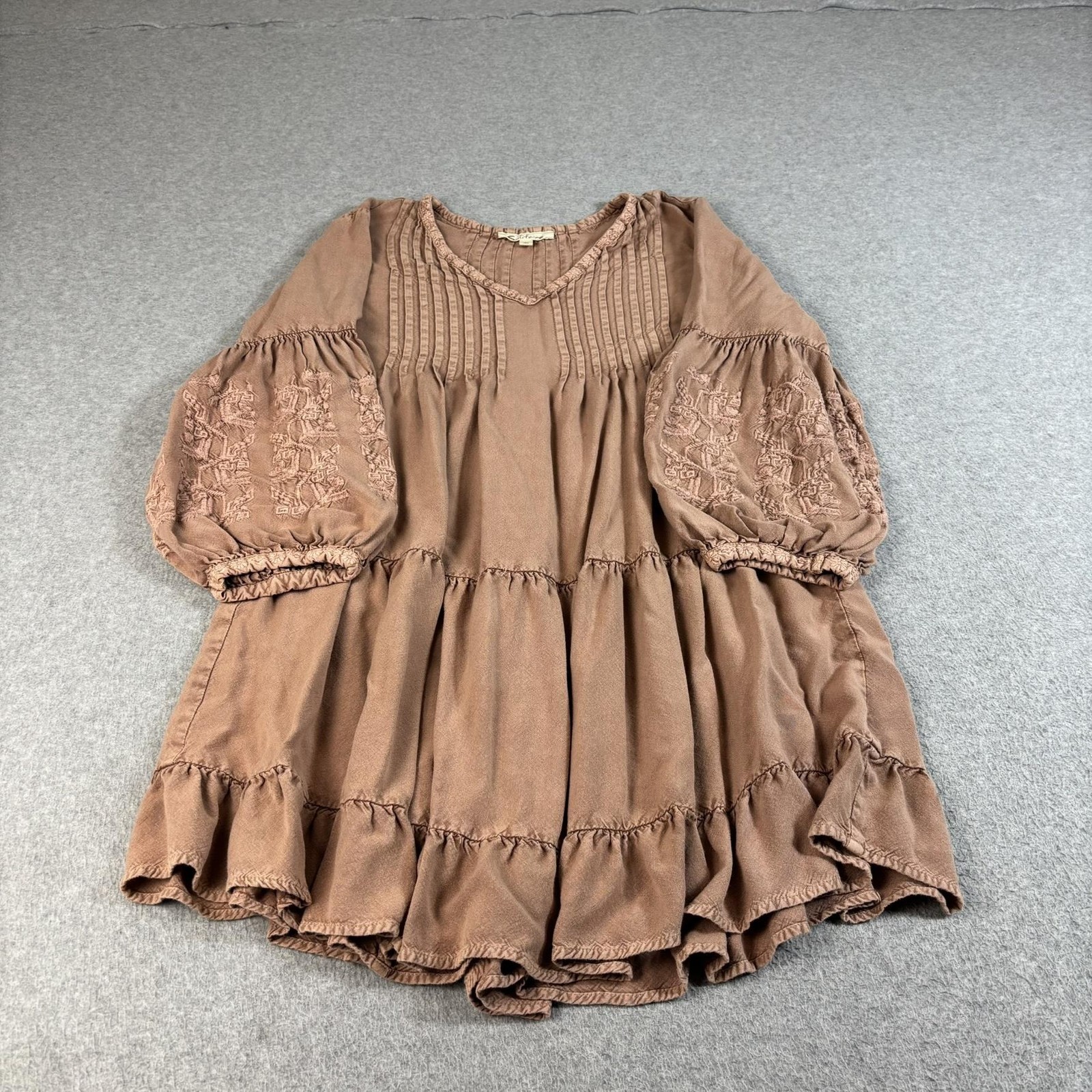 Solitaire Dress Women Large Brown Trapeze Swing Tunic Ruffle Embroidered Boho