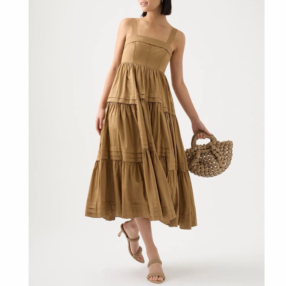 AJE Dress Size 8 Small S / US 4 Sophie Tiered Midi Cotton Poplin Tie Fit & Flare