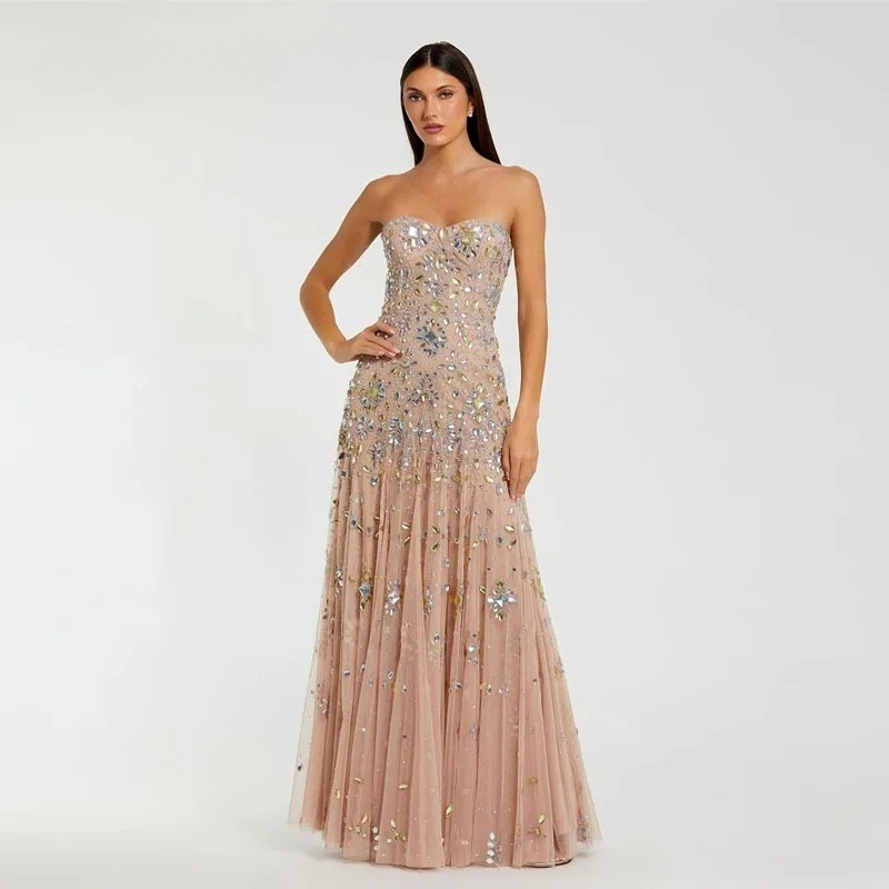 Luxurious Sparkling Beaded Evening Dress Sheer Crystal Sleeveless Prom Ball Gown
