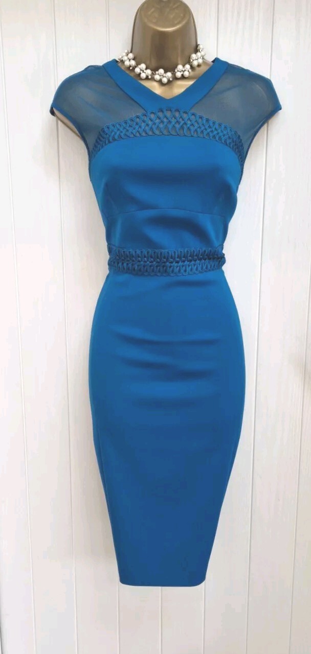 Karen Millen Peacock Blue Sheer Tapework Pencil Wiggle Occasion Dress UK 12