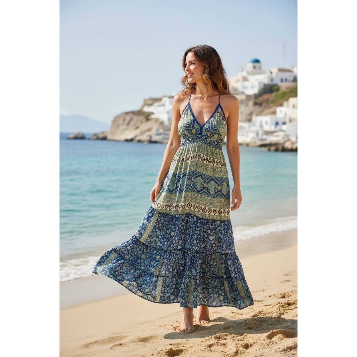 Raga Boho Halter Maxi Dress Large Blue Paisley Floral Tassel Festival