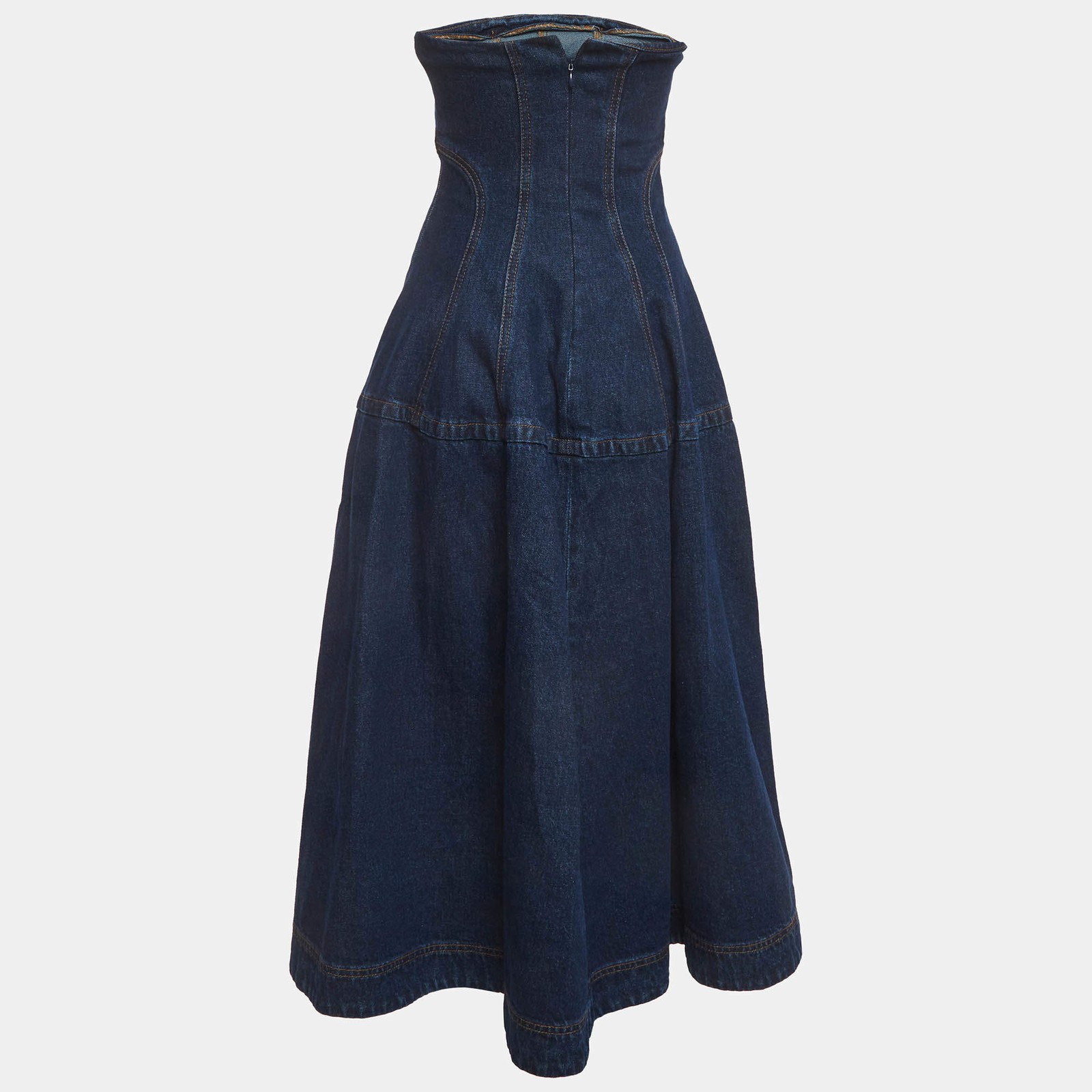 Magda Butrym Blue Denim Flared Strapless Midi Dress S