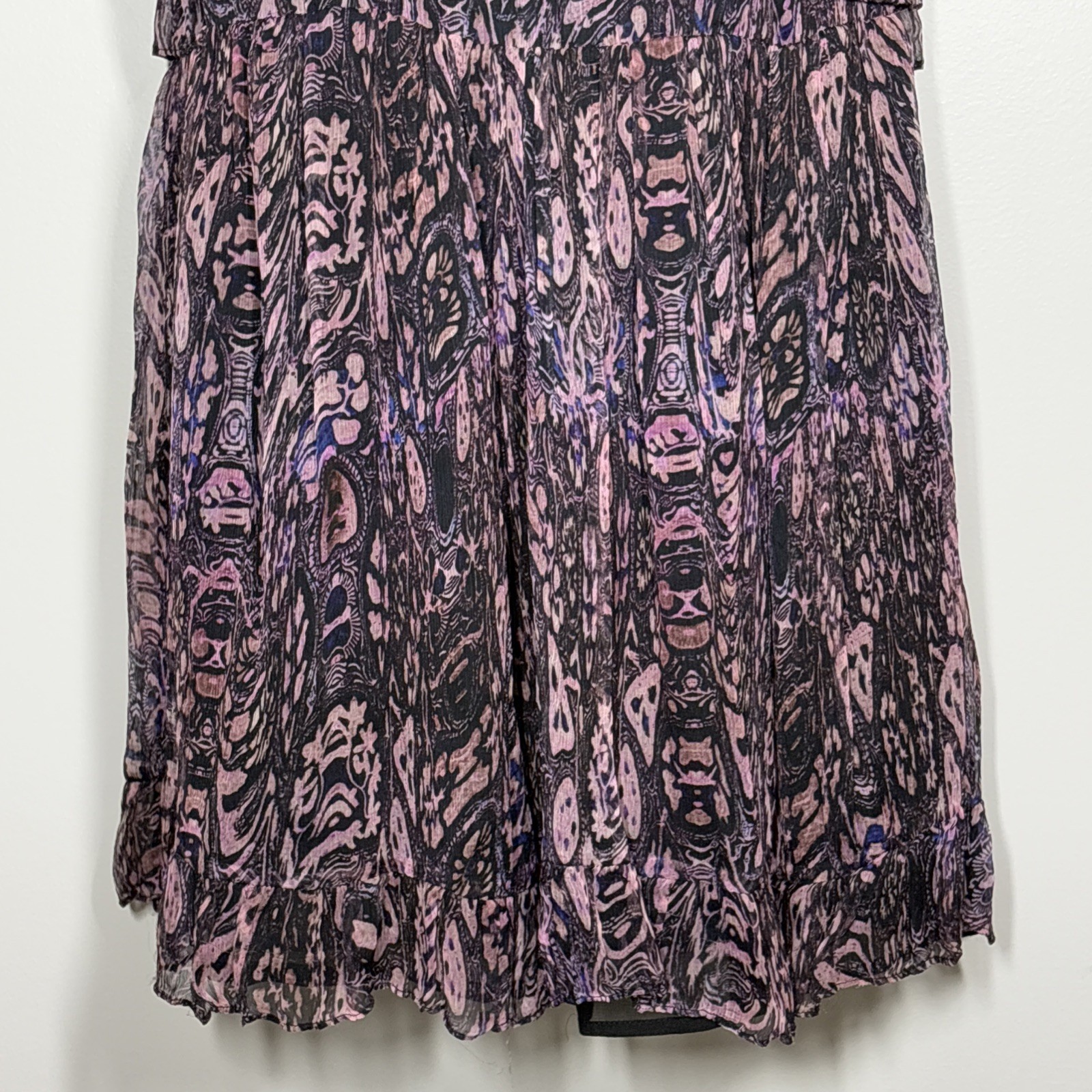 IRO Glorie Mini Dress 36 Small Pink black crinkle Ruffle Short Keyhole Viscose