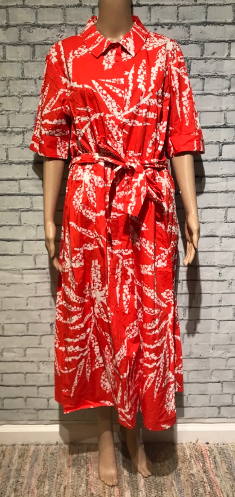 NWT$129, DKNY, 14, Orange/White 100% Cotton Leaf Print 1/2 Sleeves Long Dress