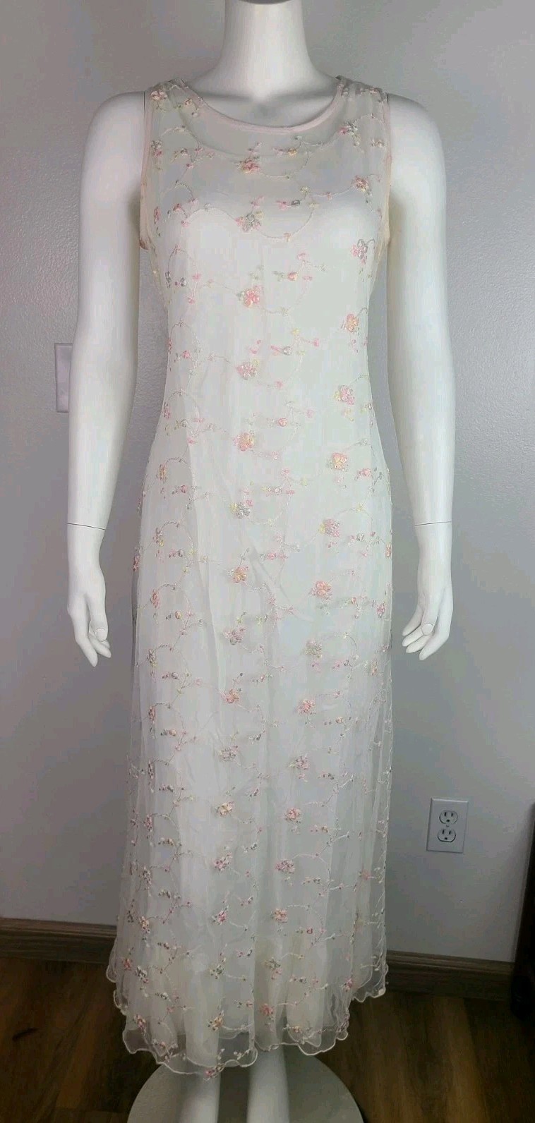 Vtg April Cornell Embroidery Mesh Dress w/ruffed slip Garden Party Fairy Size M