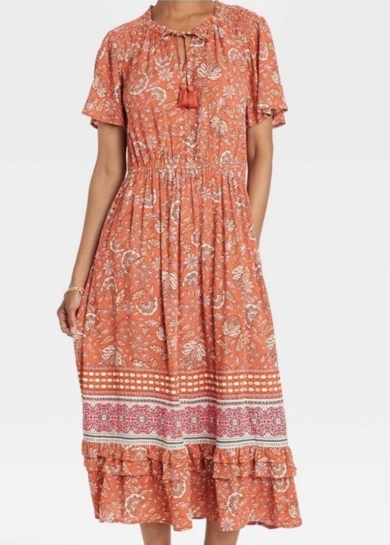 Knox Rose Dress Womens L Orange Rust Flutter Short Sleeve Tier Maxi Floral Boho