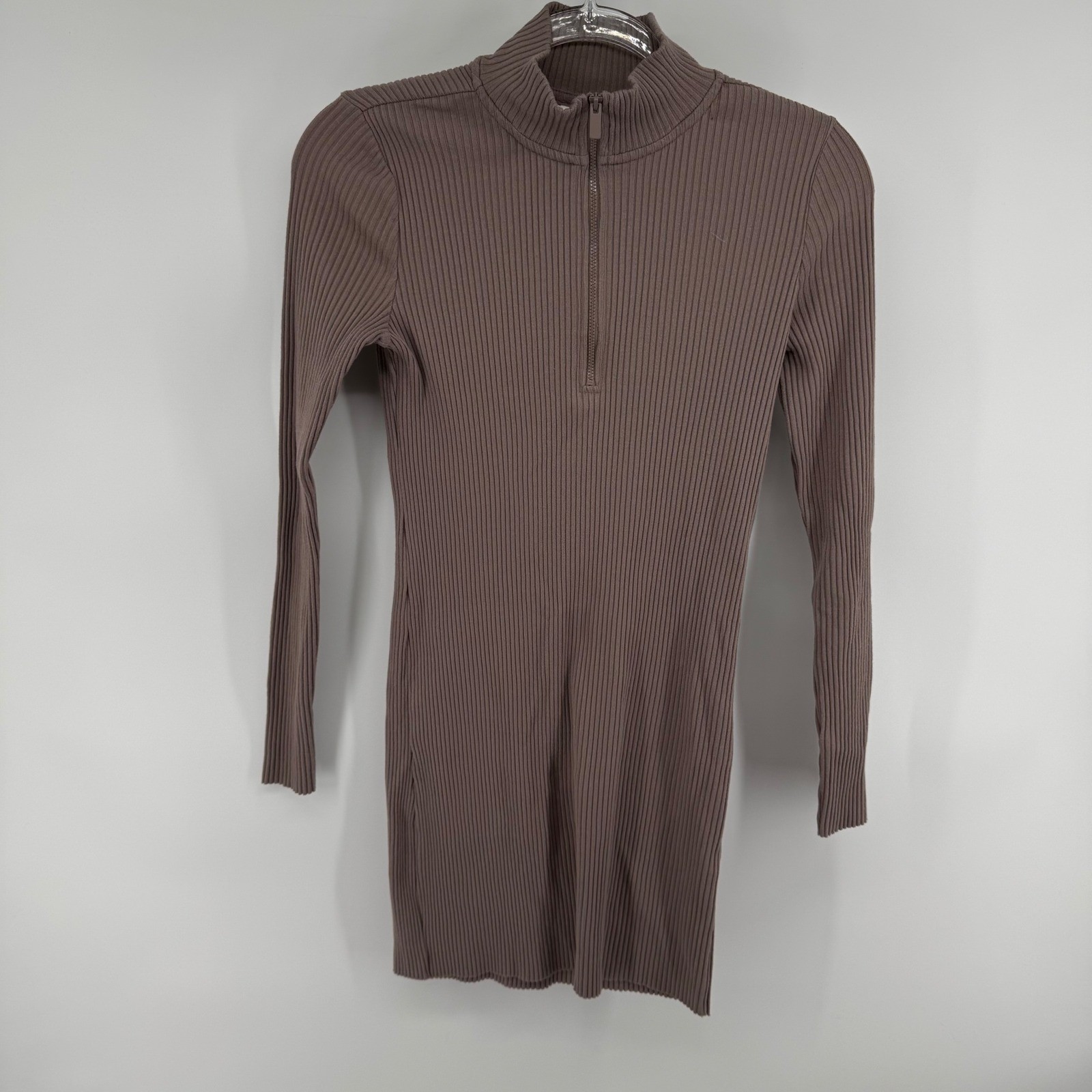 H&M Ribbed Mock Neck Long Sleeve Zipper Dress Brown Size M