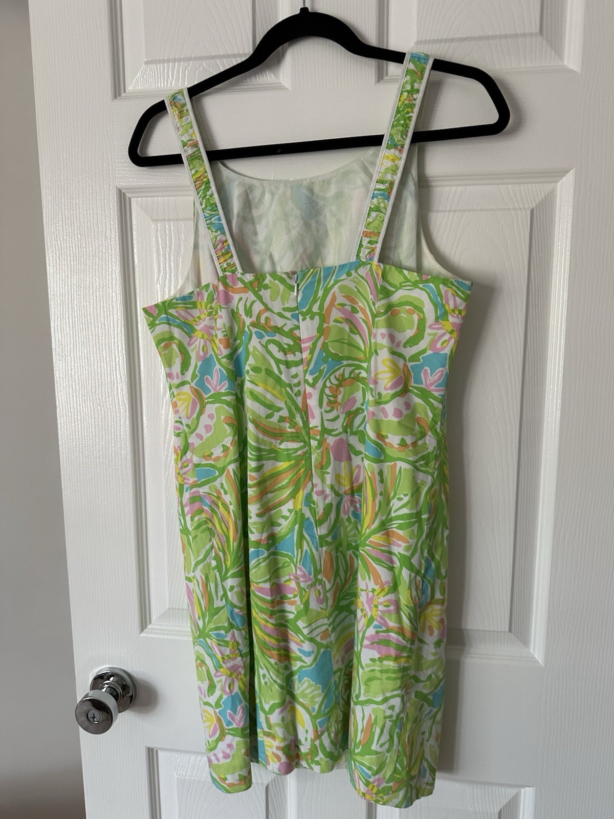 Green Pink Blue White Floral Sheath Dress Sleeveless Square Neck Lined Zip 8