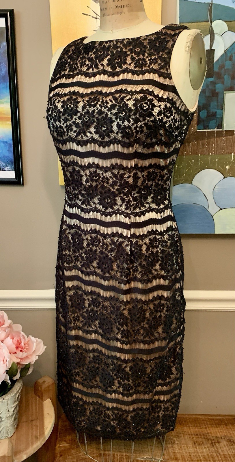 JS Boutique Black Lace Sheath Cocktail Dress Nude Lining 10