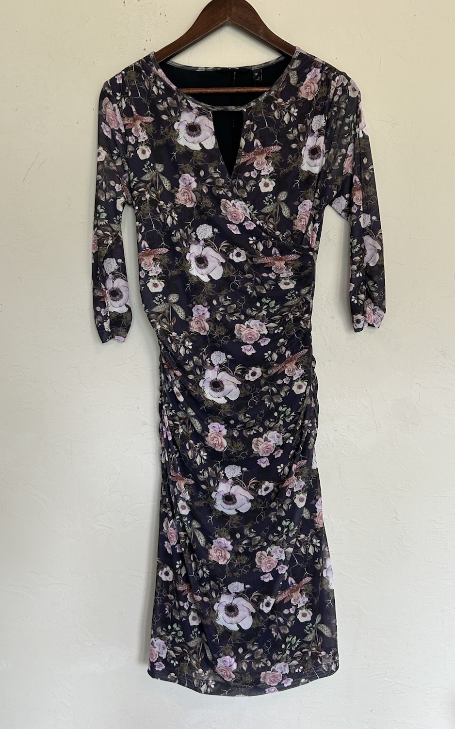 Betabrand Travel Dress M NWT Mesh Dark Garden Floral Ruched Party Faux Wrap