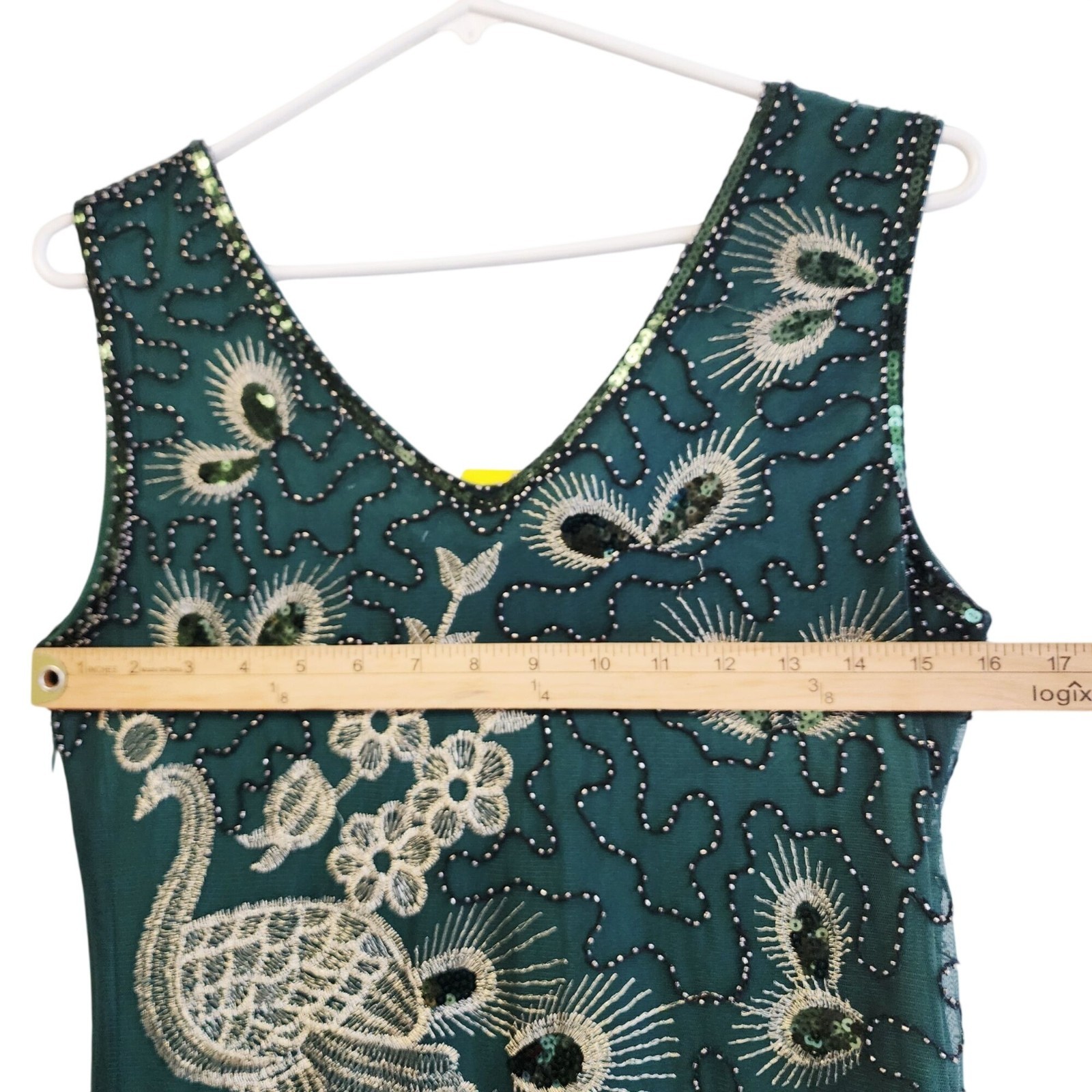 Art Deco Peacock Beaded Fringe Flapper Dress V-Neck Size S Teal Black