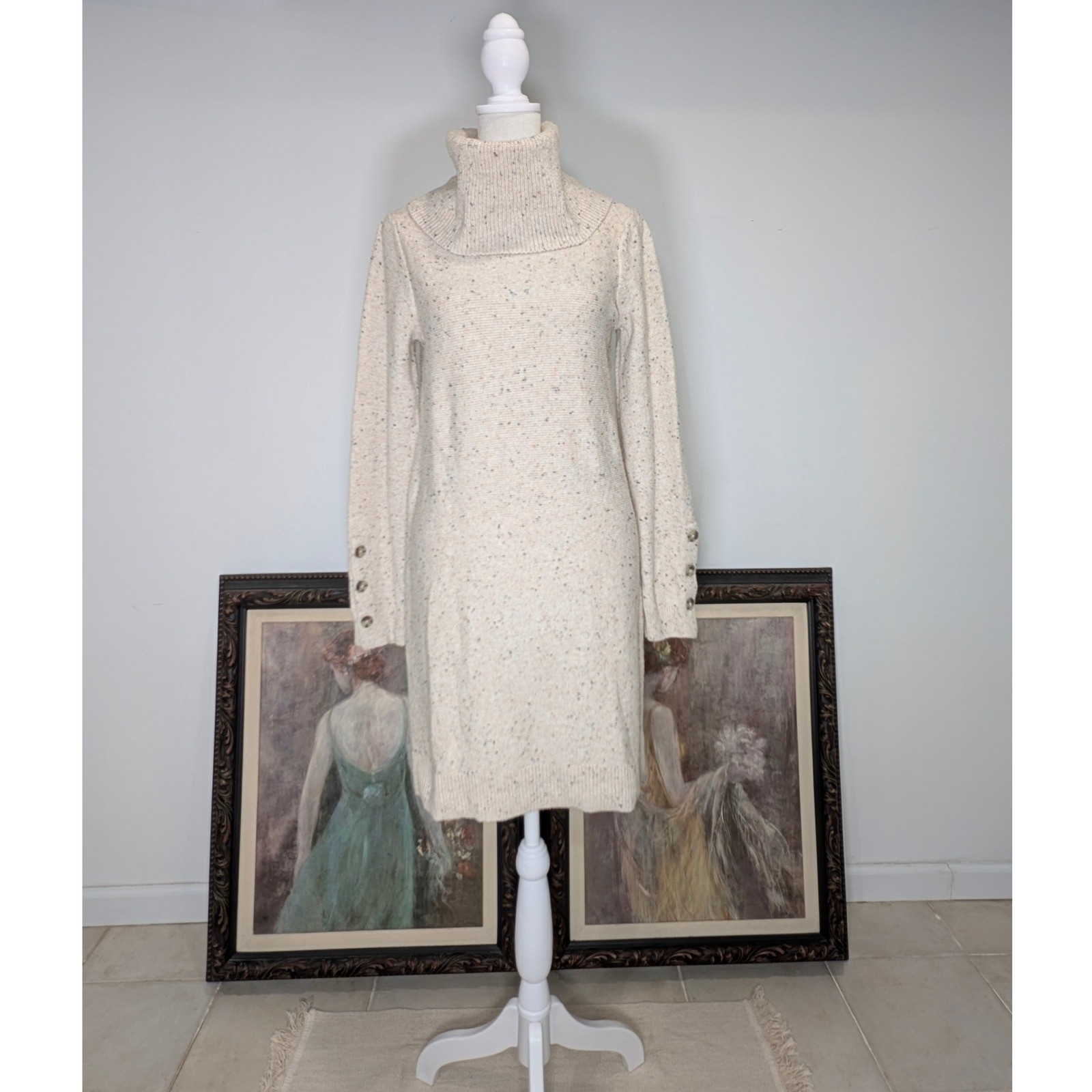 LOFT Women’s Cream Speckled Turtleneck Long Sleeve Sweater Dress Button Cuff S