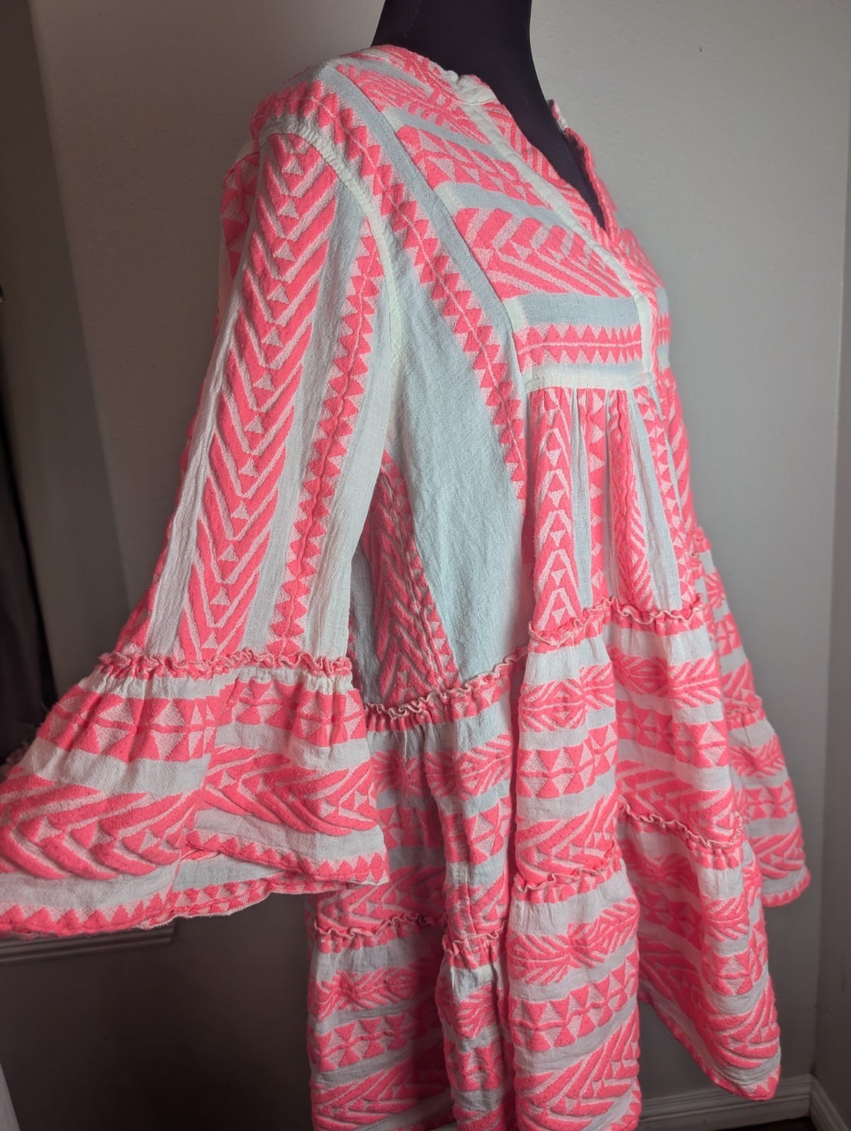 Devotion Twins Neon Pink White Embroidered Boho Tunic Dress Women’s M Greek Mini