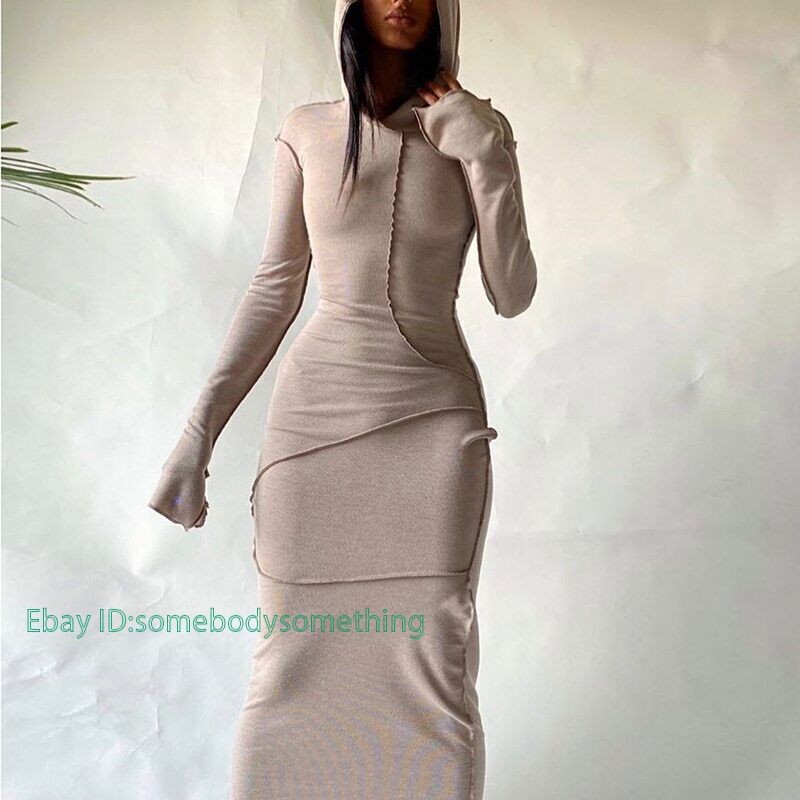 Long Sleeve Hooded Patchwork Skinny Maxi Dress Autumn Winter Women Fashion