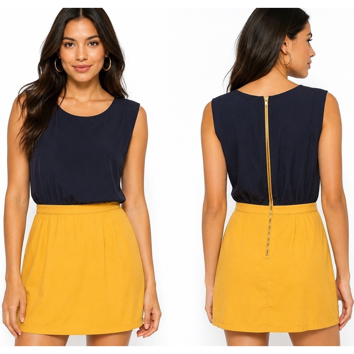 Pink Martini Celia Dress XS Navy Mustard Colorblock Pleated Zip Mini Cocktail