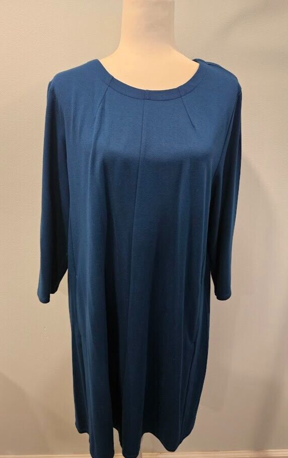 NWT J Jill Versatile Ponte Dark Teal Blue Dress 3/4 Sleeves Side Pockets XLP