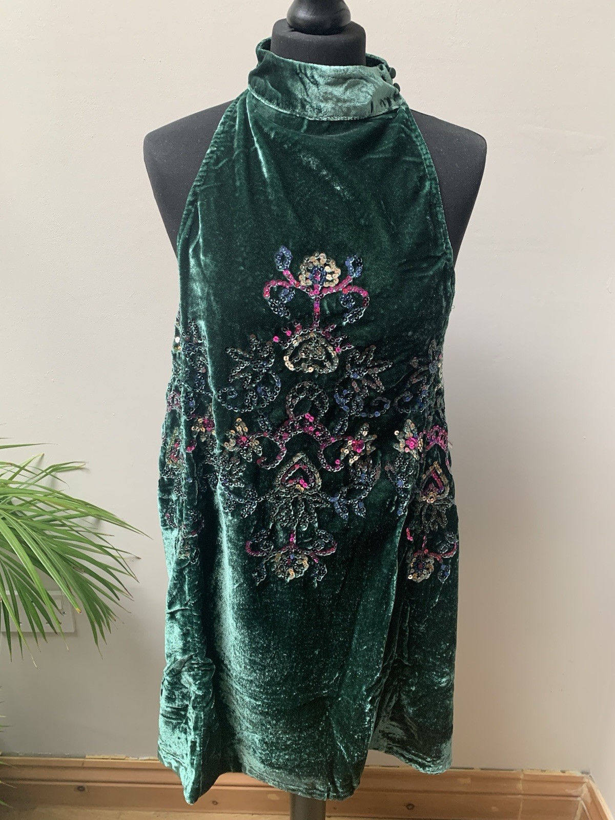 Free People Green Velvet Dress XS Sequin Swing Halter Sleeveless NEW RRP $128