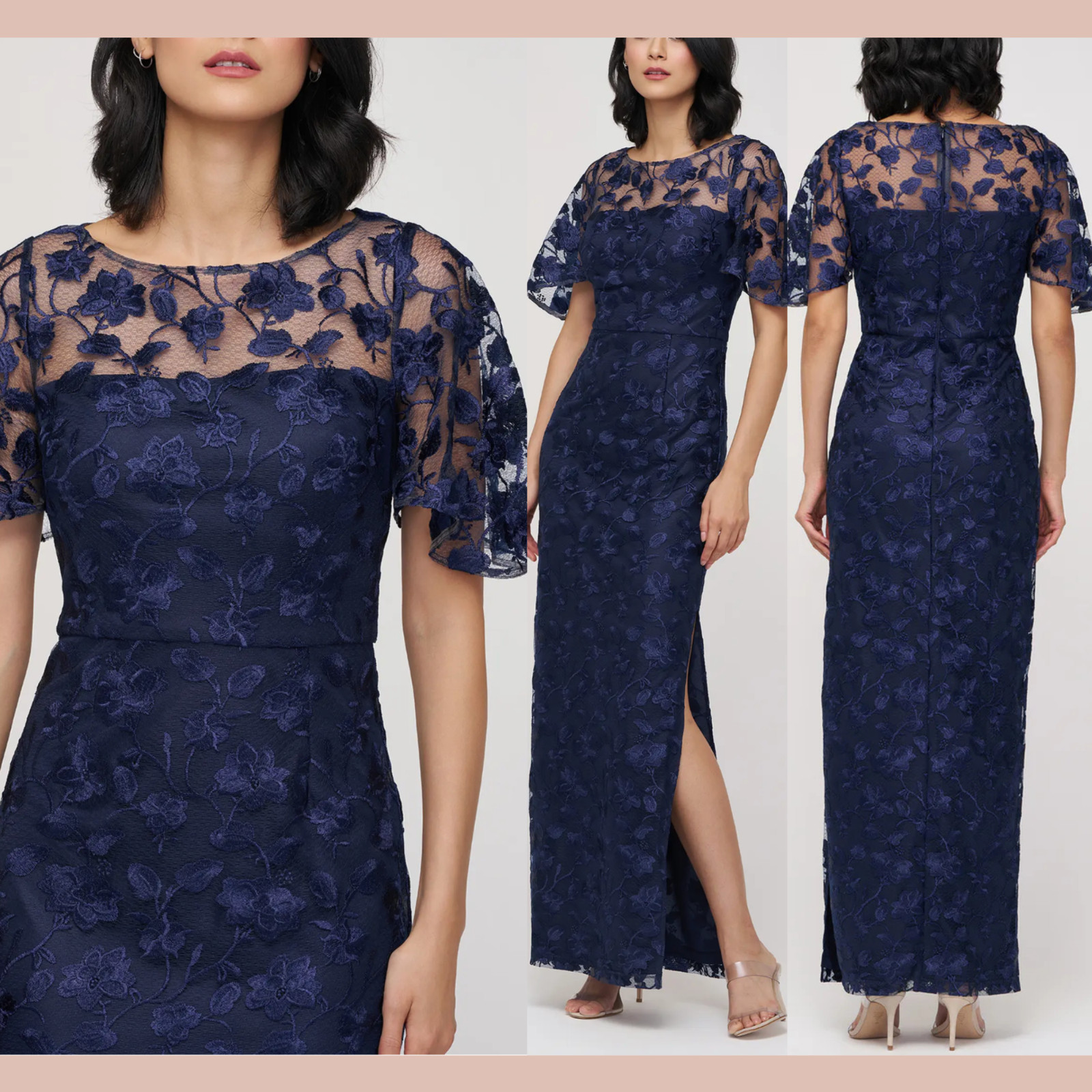 NEW $278 JS Collections [ 8 ] Brooke Floral Embroidered Column Gown Navy #J1988