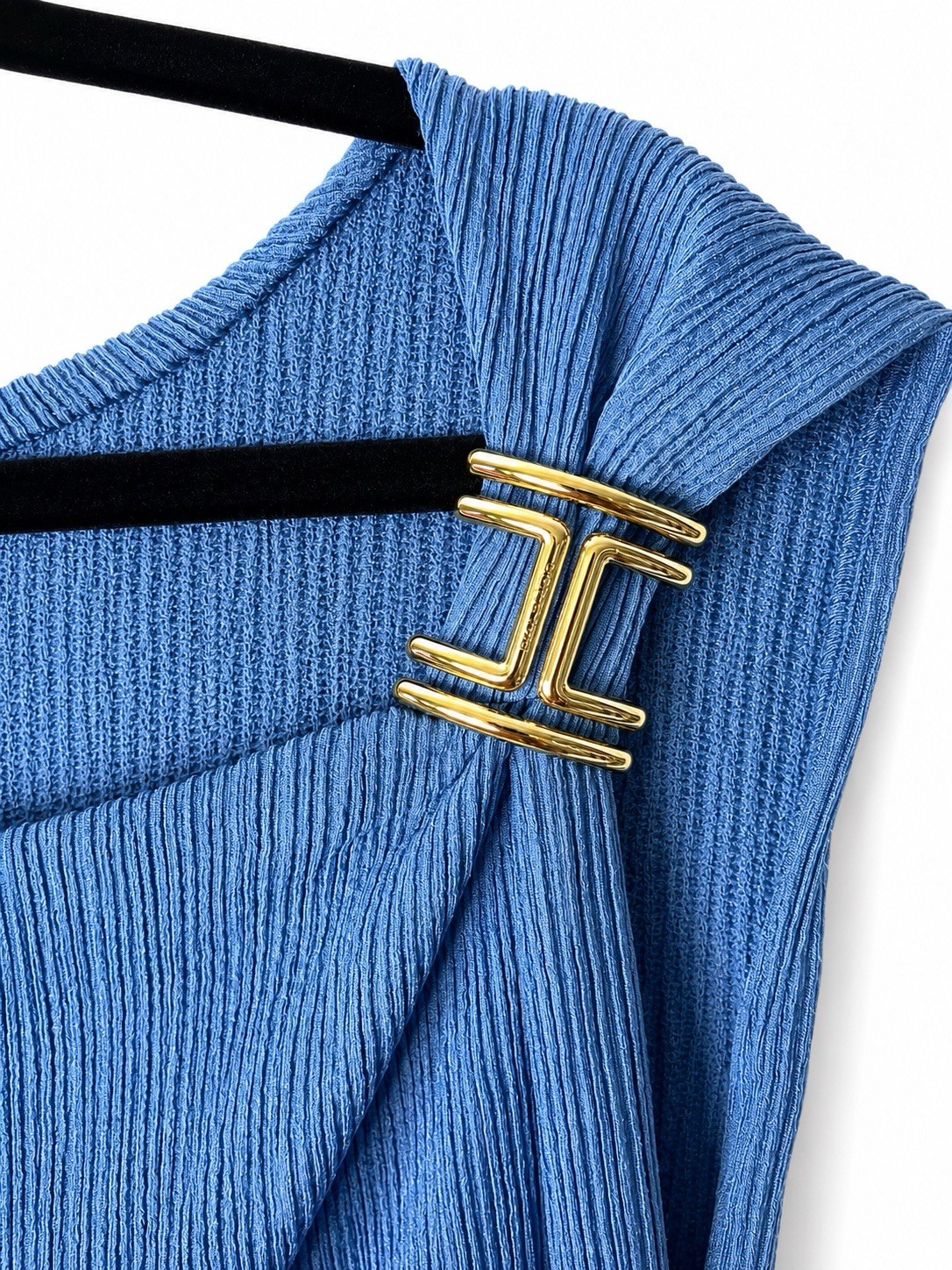 Halston Blue Solid Boat Neck Sleeveless Sheath Dress Buckle Knee Knit 16
