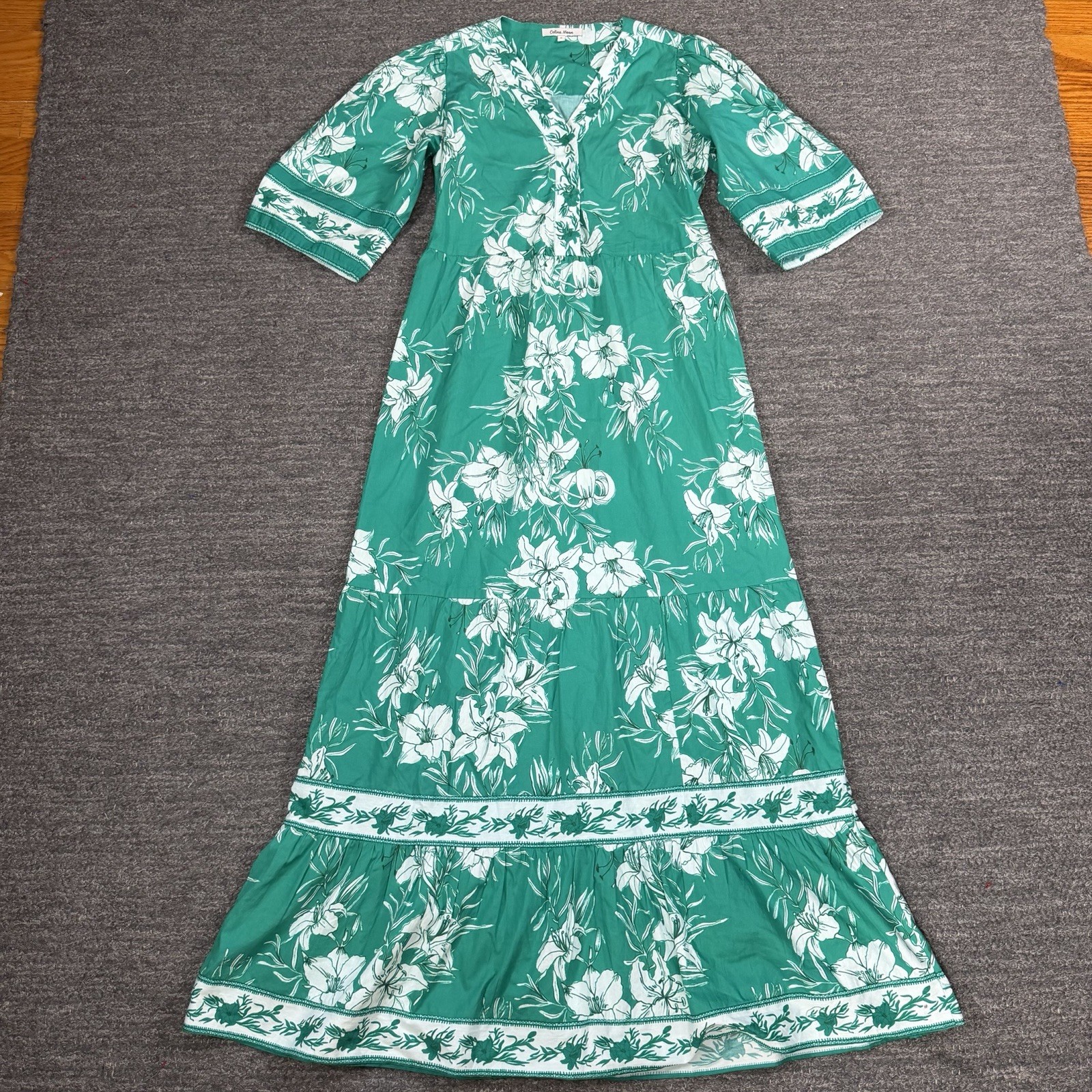 Tuckernuck Celina Moon Dress Small Short Sleeve Green Floral Maxi Lilly NO BELT
