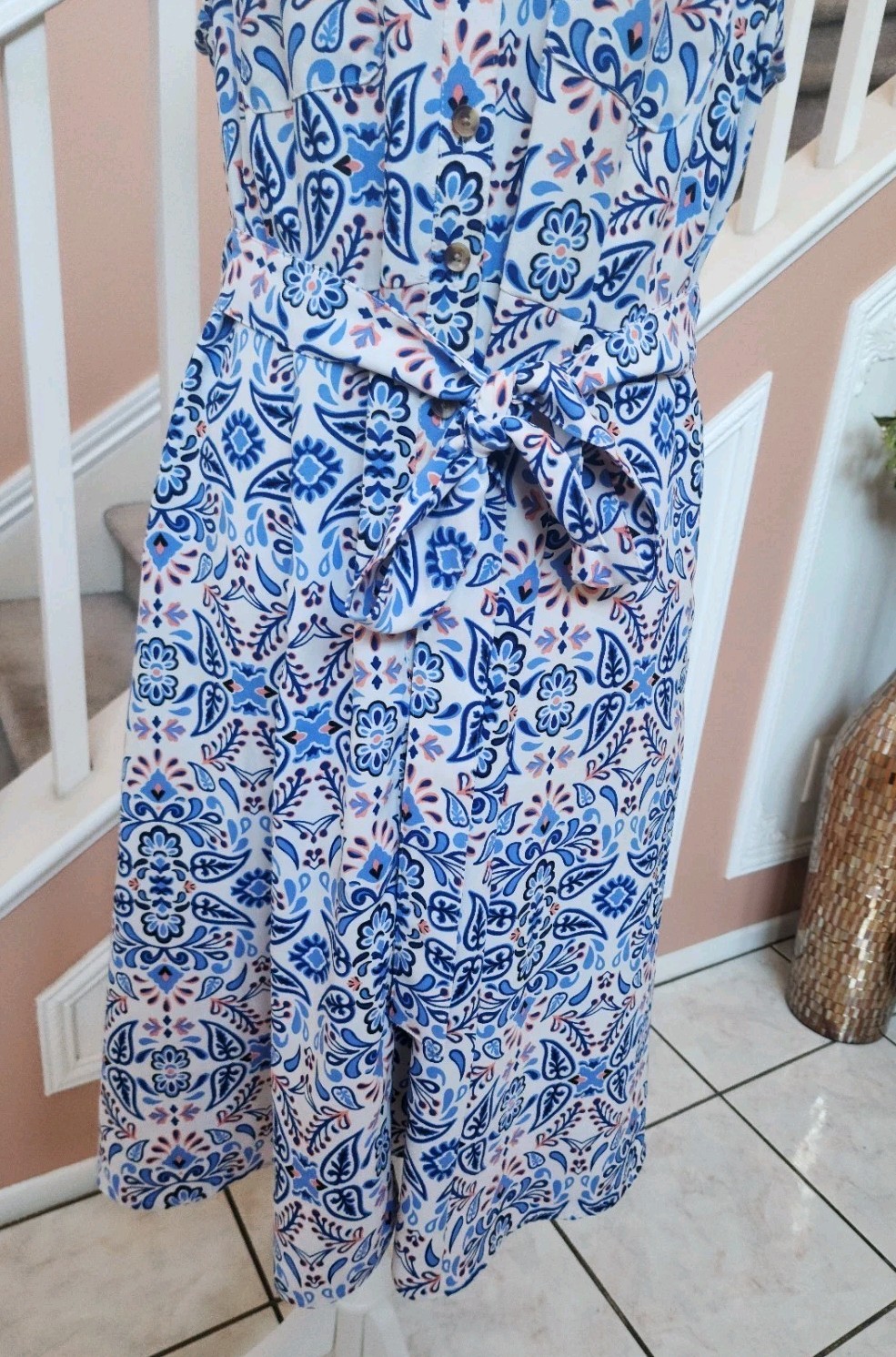 NWOT CROFT & BARROW Blue Floral Notch Neck Belted Sleeveless Shirt Dress Sz PXL
