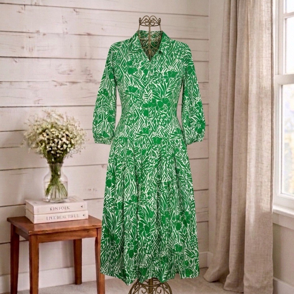 Zara Cotton Kelly Green Floral Abstract Midi Shirt Dress Puff Sleeve Pleated L